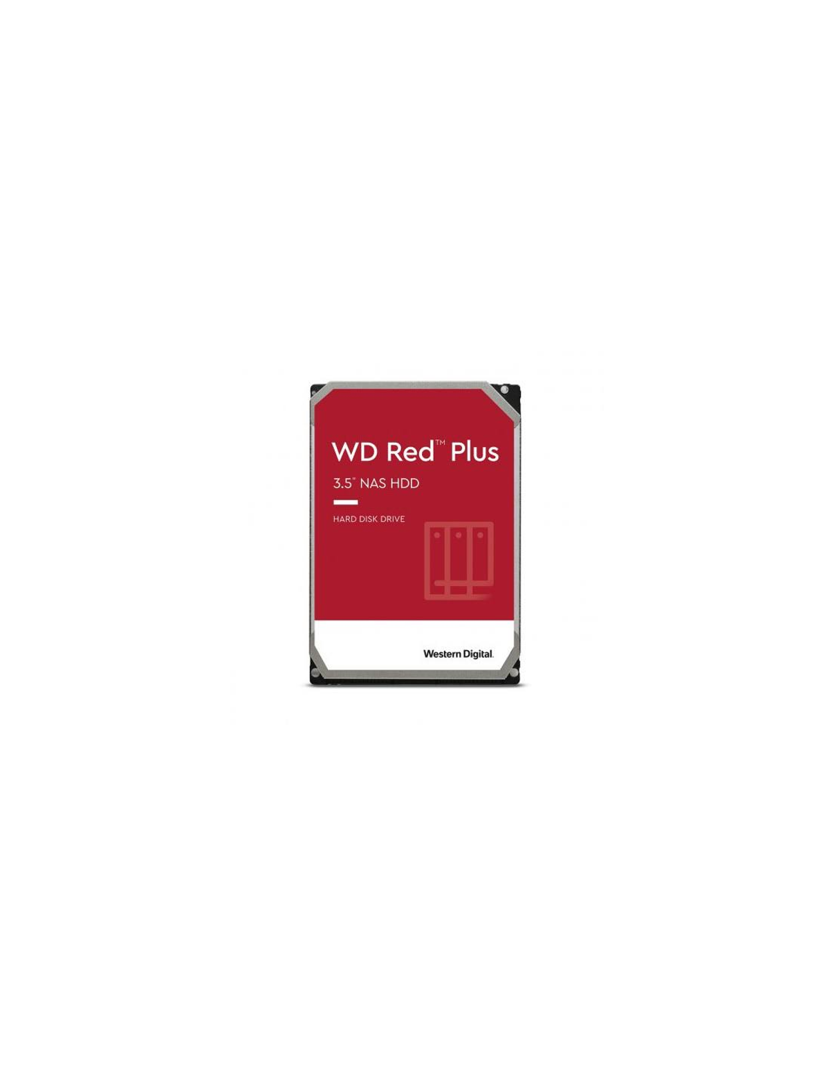 Eine WD Red Plus 3,5" NAS HDD in einer rot-weißen Box, vor weißem Hintergrund.