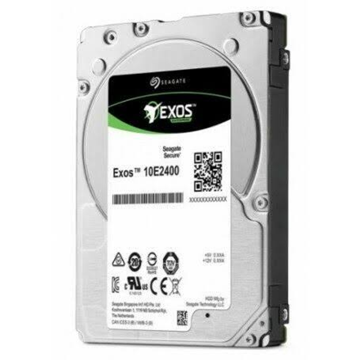Dysk twardy Seagate Exos z etykietami na białym tle.