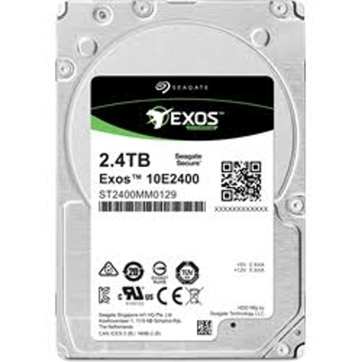 Dysk twardy z etykietą. Tekst: 2,4 TB, Seagate, Exos. Zielona i czarna etykieta.
