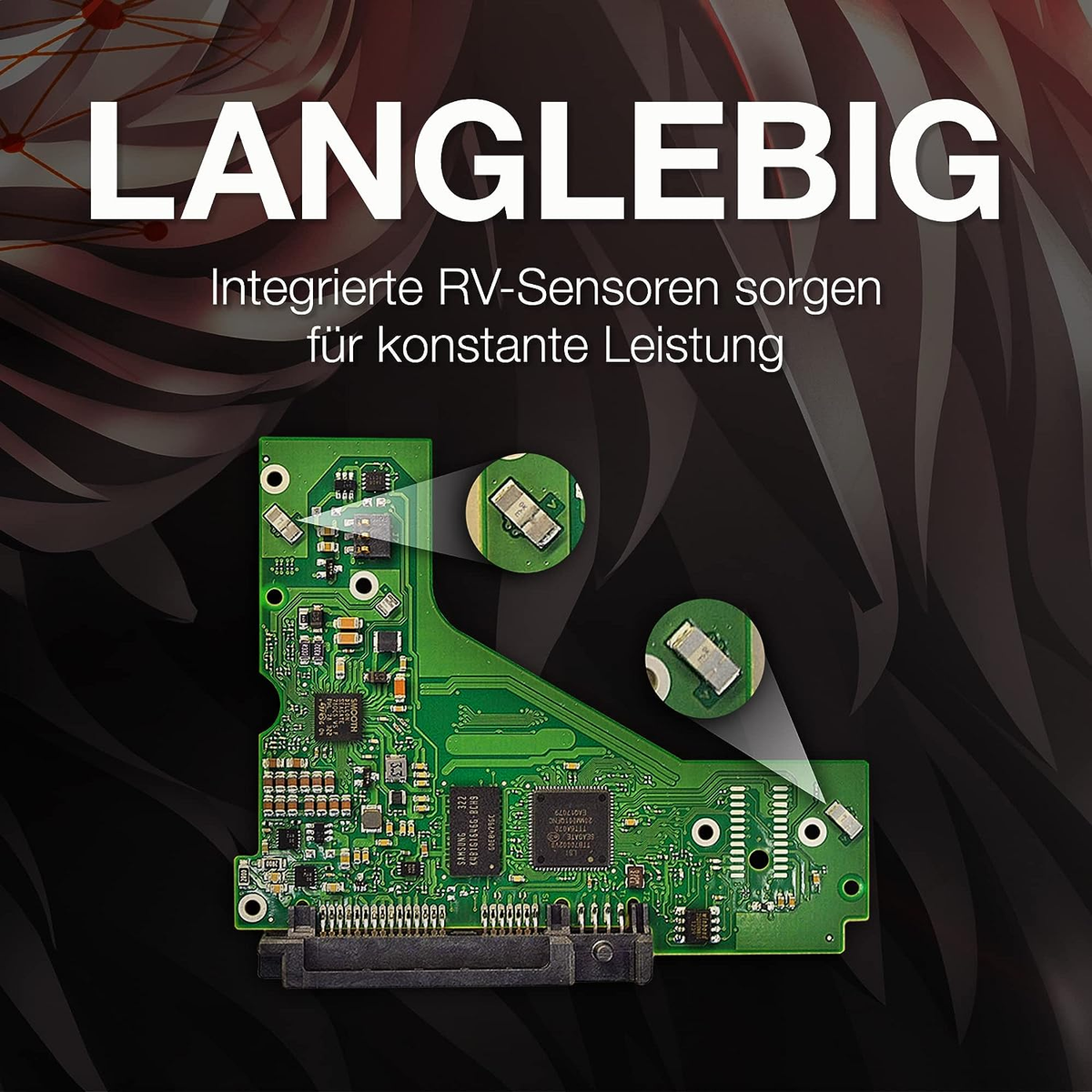 Zielona płytka drukowana z komponentami i tekstem. Tło jest ciemnoczerwone.