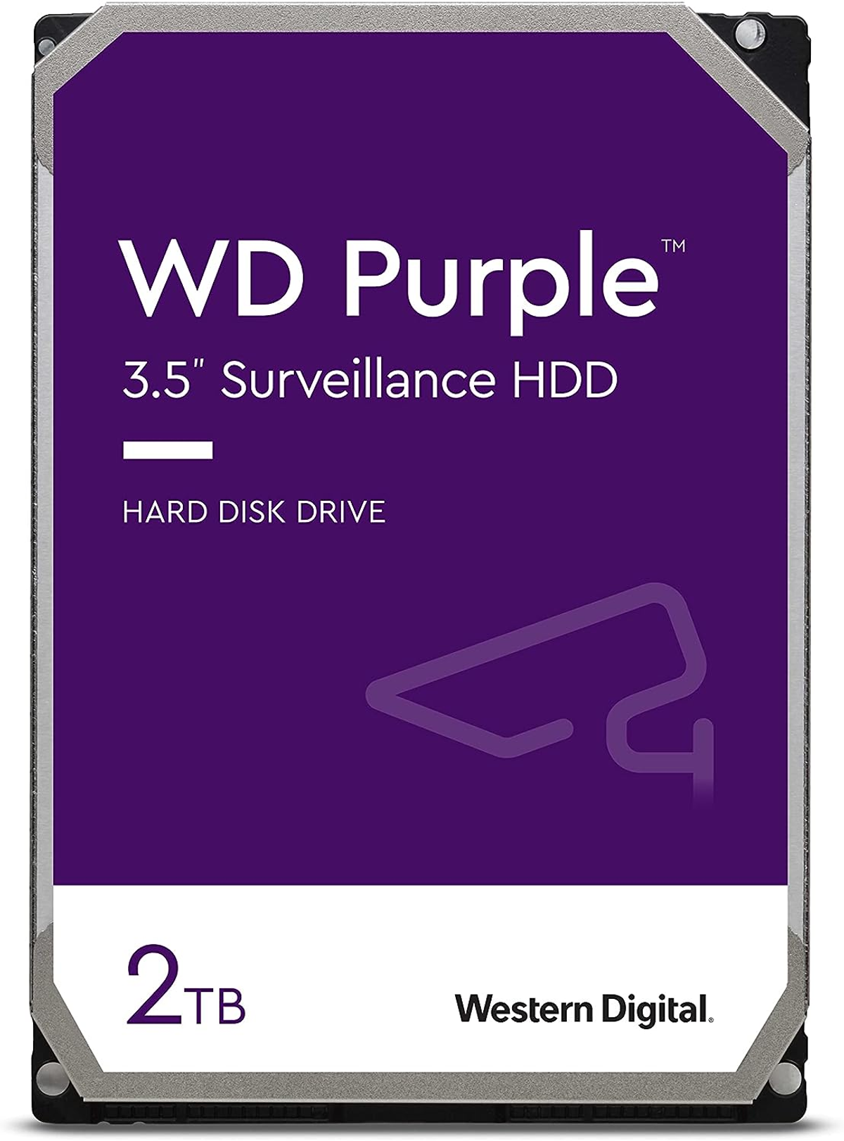 Lila Festplatte mit WD Purple-Etikett. Weißer Hintergrund. Text: 2TB, Festplatte.
