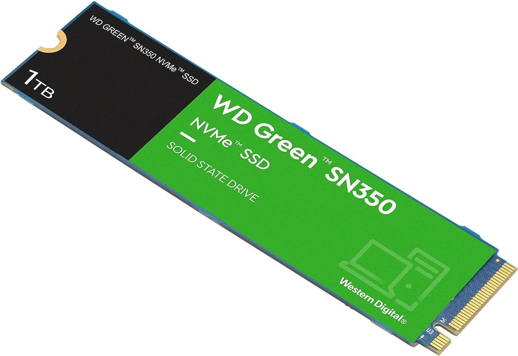 Zielony WD Green SN350 1TB NVMe SSD. Tekst i logo są nadrukowane na przedniej powierzchni.