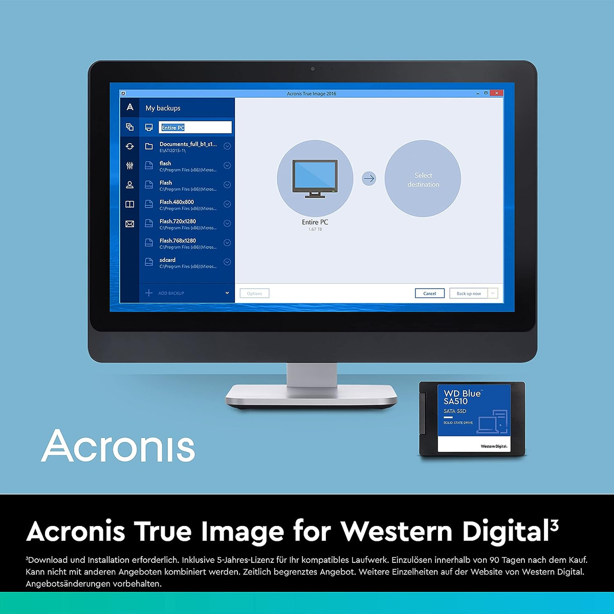 Ekran komputera z interfejsem oprogramowania Acronis. Mały czarny dysk twardy WD obok.