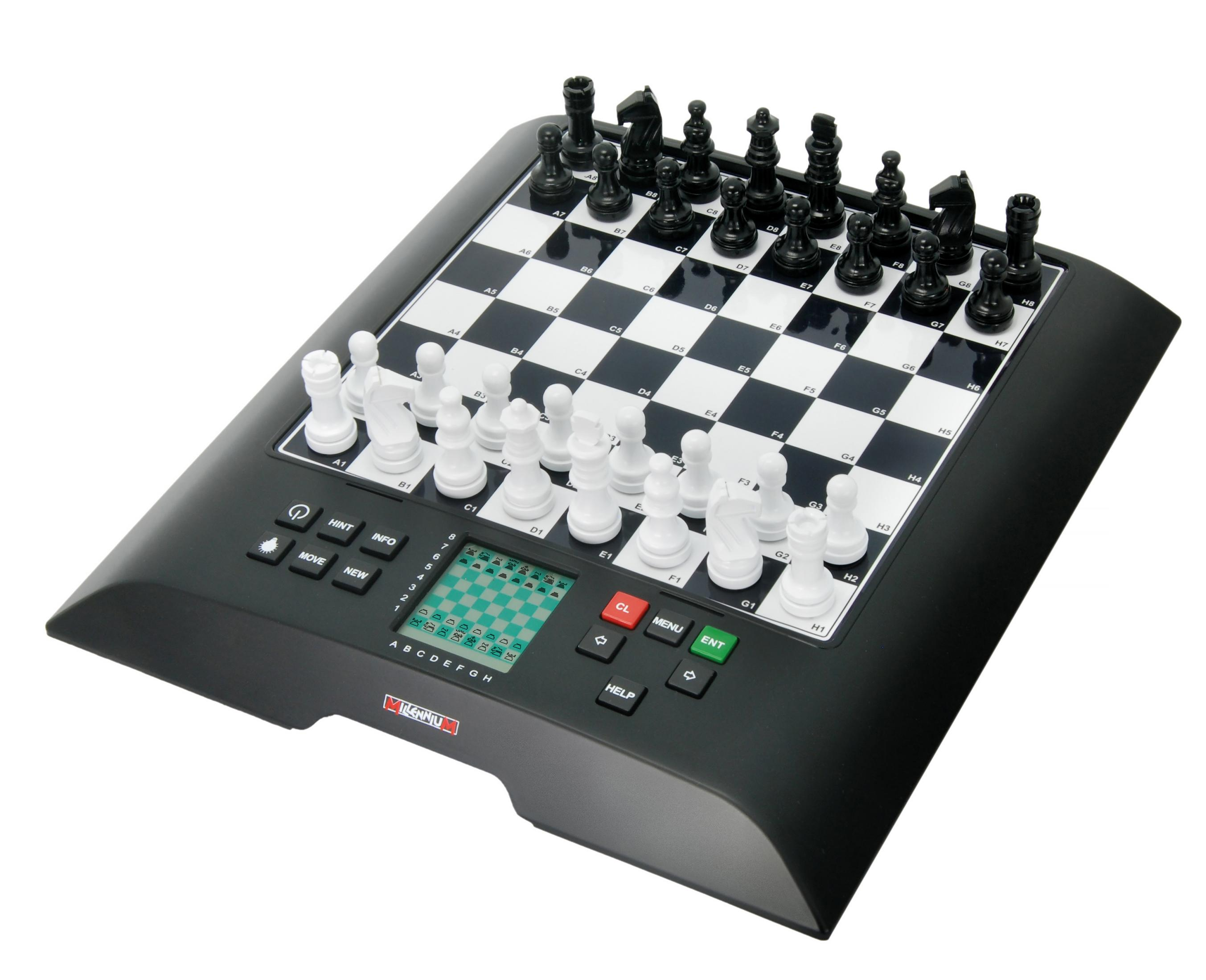 Elektronisches Schachbrett mit schwarzen und weißen Schachfiguren und einem Display.