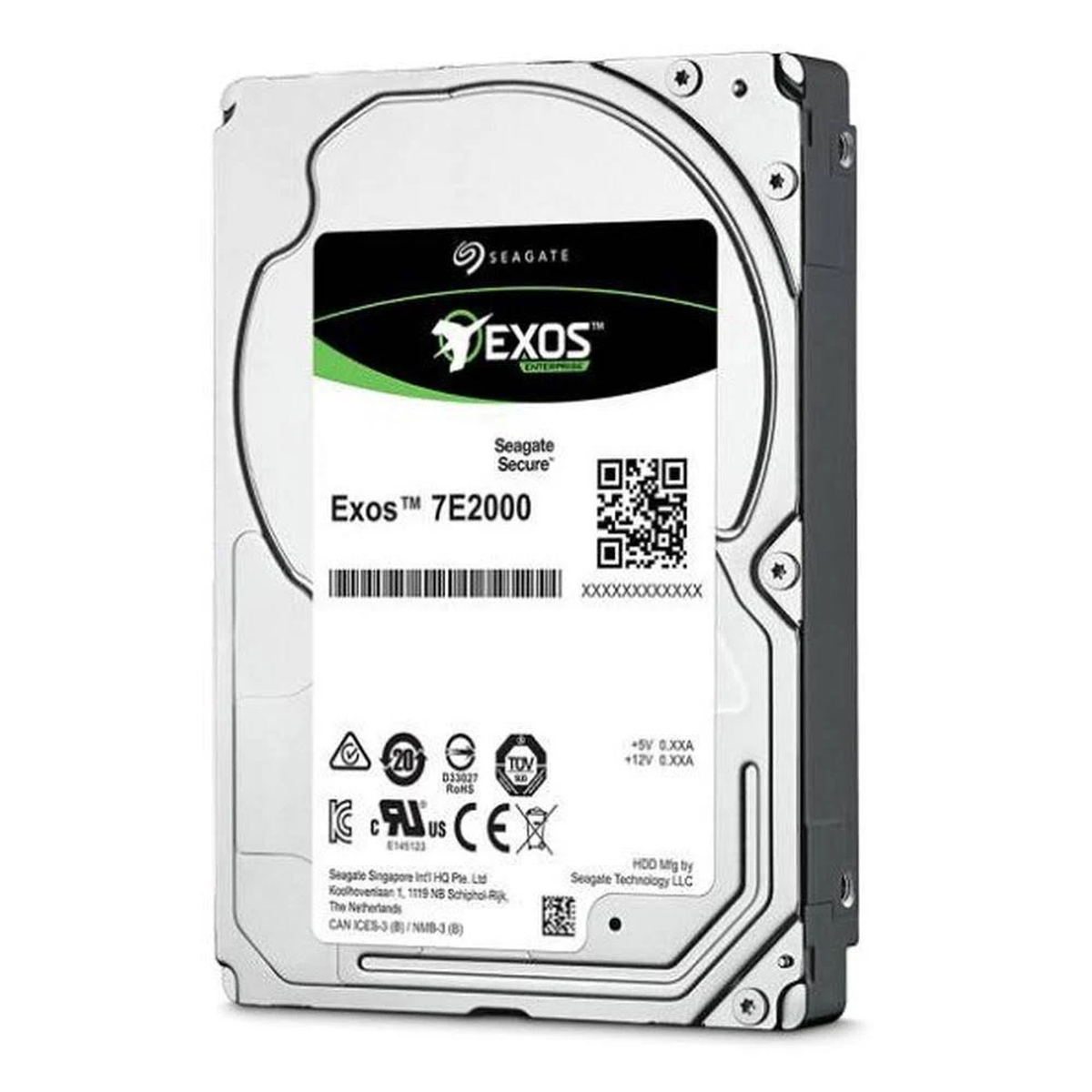 Dysk twardy Seagate Exos. Ma etykietę ze szczegółami marki i kodem QR.
