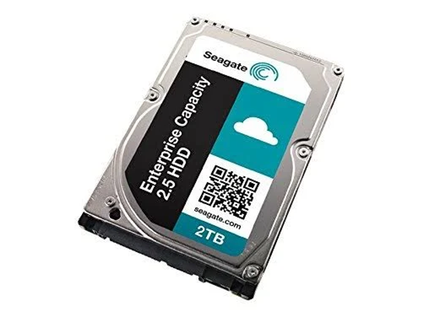 Dysk twardy 2,5 HDD z etykietą. Etykieta pokazuje logo Seagate, pojemność i kod QR.