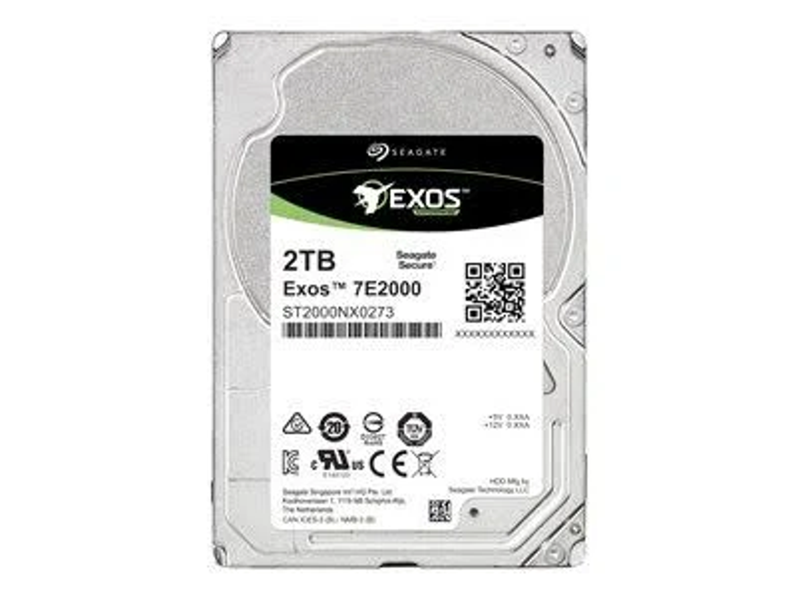 Dysk twardy Seagate 2TB Exos 7E2000 na białym tle.