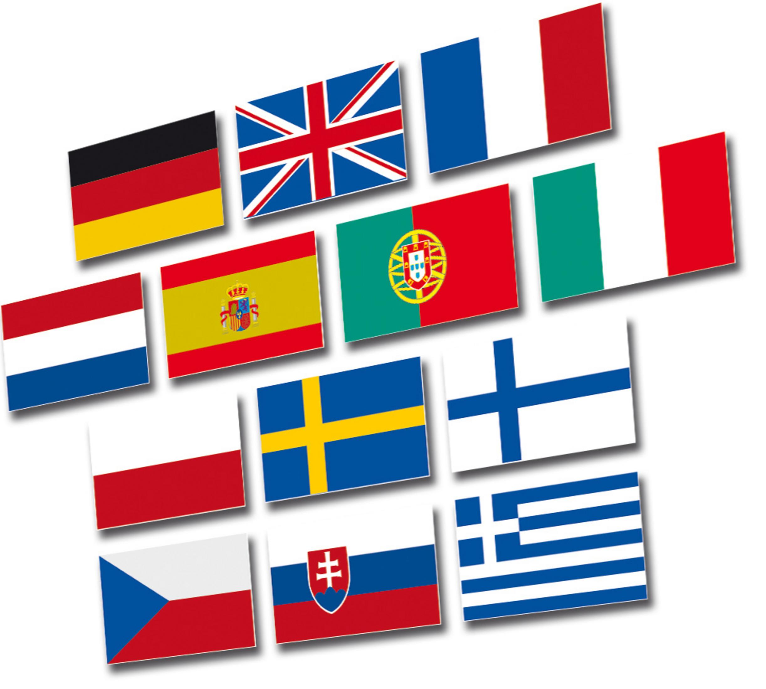 Flaggen verschiedener Länder, darunter Deutschland, Großbritannien, Frankreich und andere.