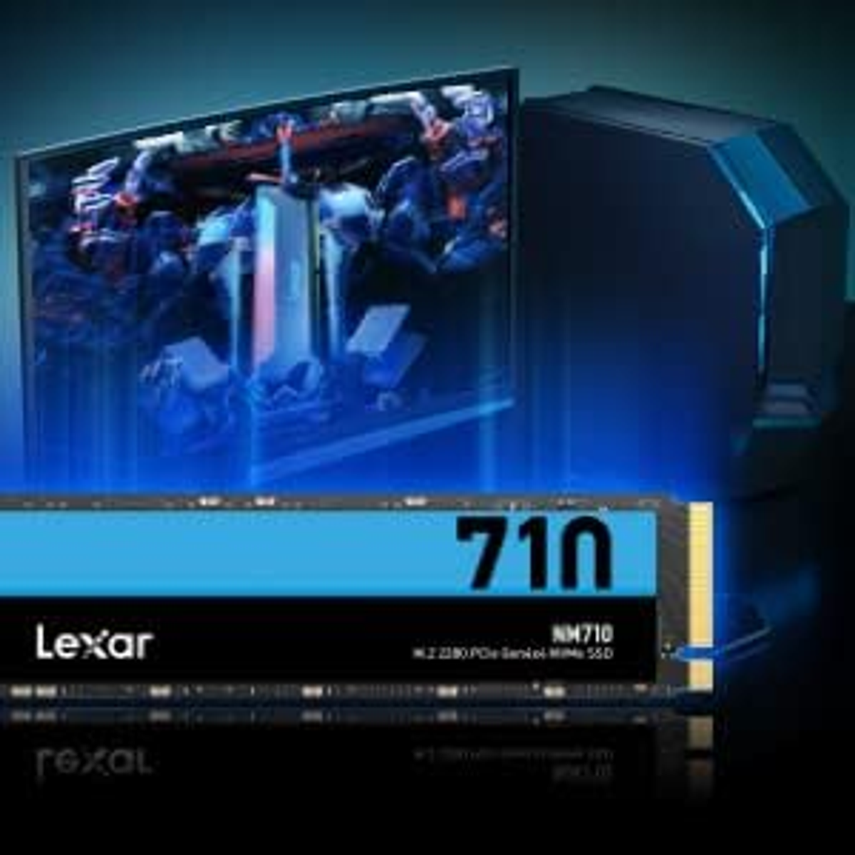 Dysk SSD Lexar z numerem 710, na czarno-niebieskim tle z ekranem komputera.