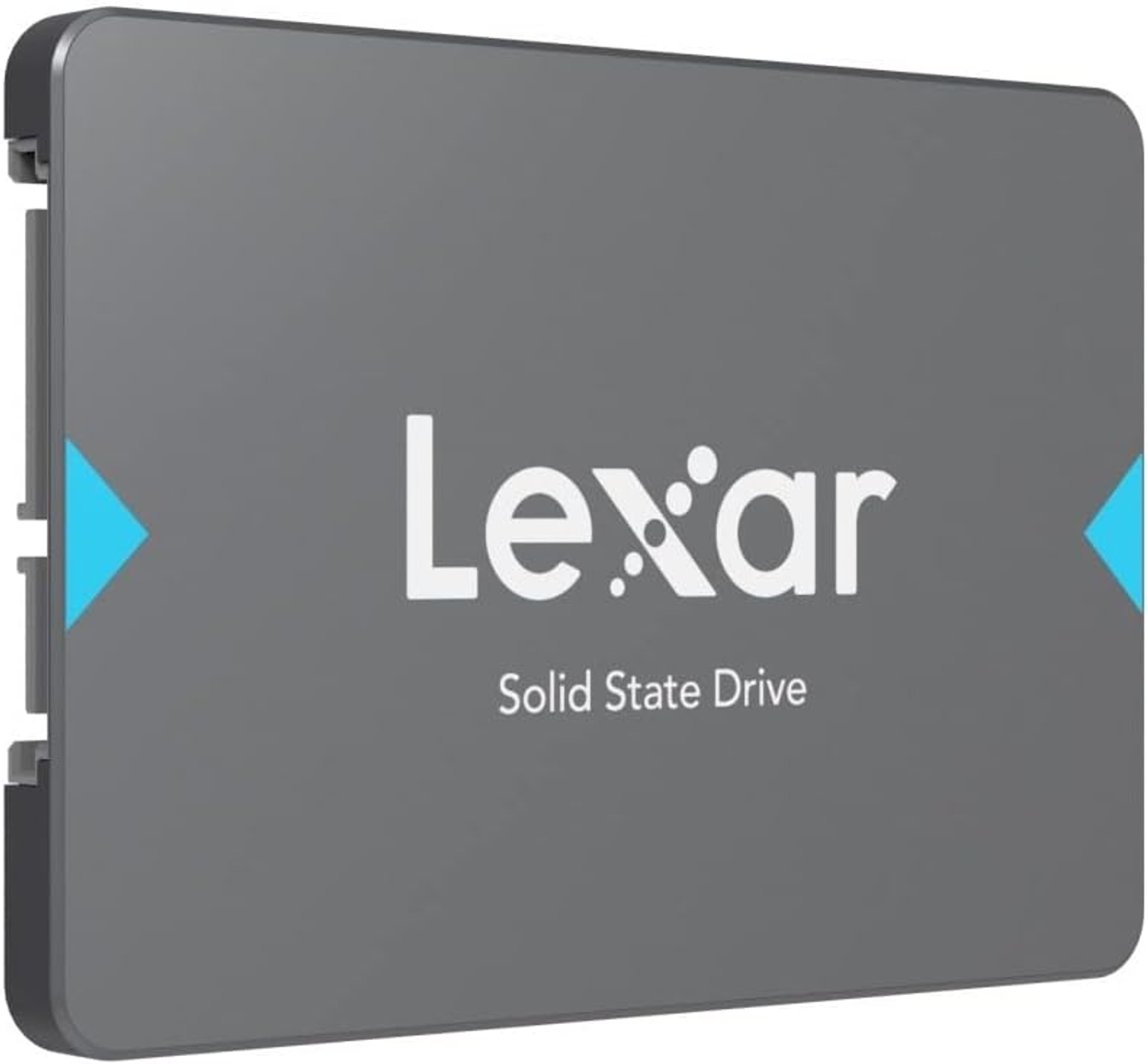 Eine Lexar Solid State Drive, grau mit blauen Akzenten. Das Lexar-Logo ist deutlich sichtbar.