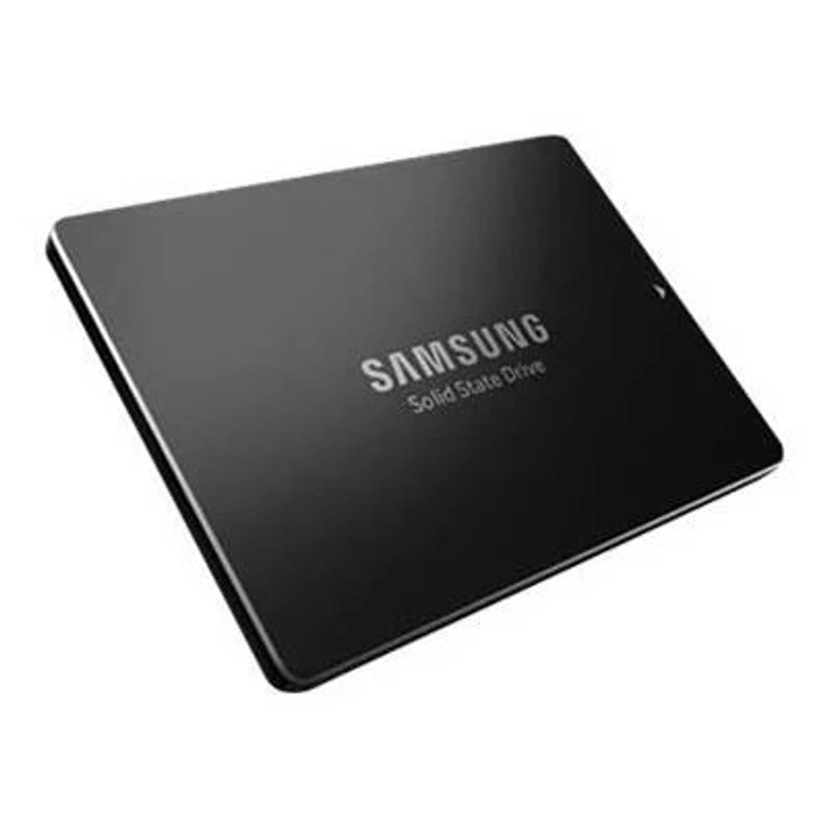 Czarny dysk SSD Samsung na białym tle. Logo znajduje się na górze. Zaokrąglone rogi i krawędzie.