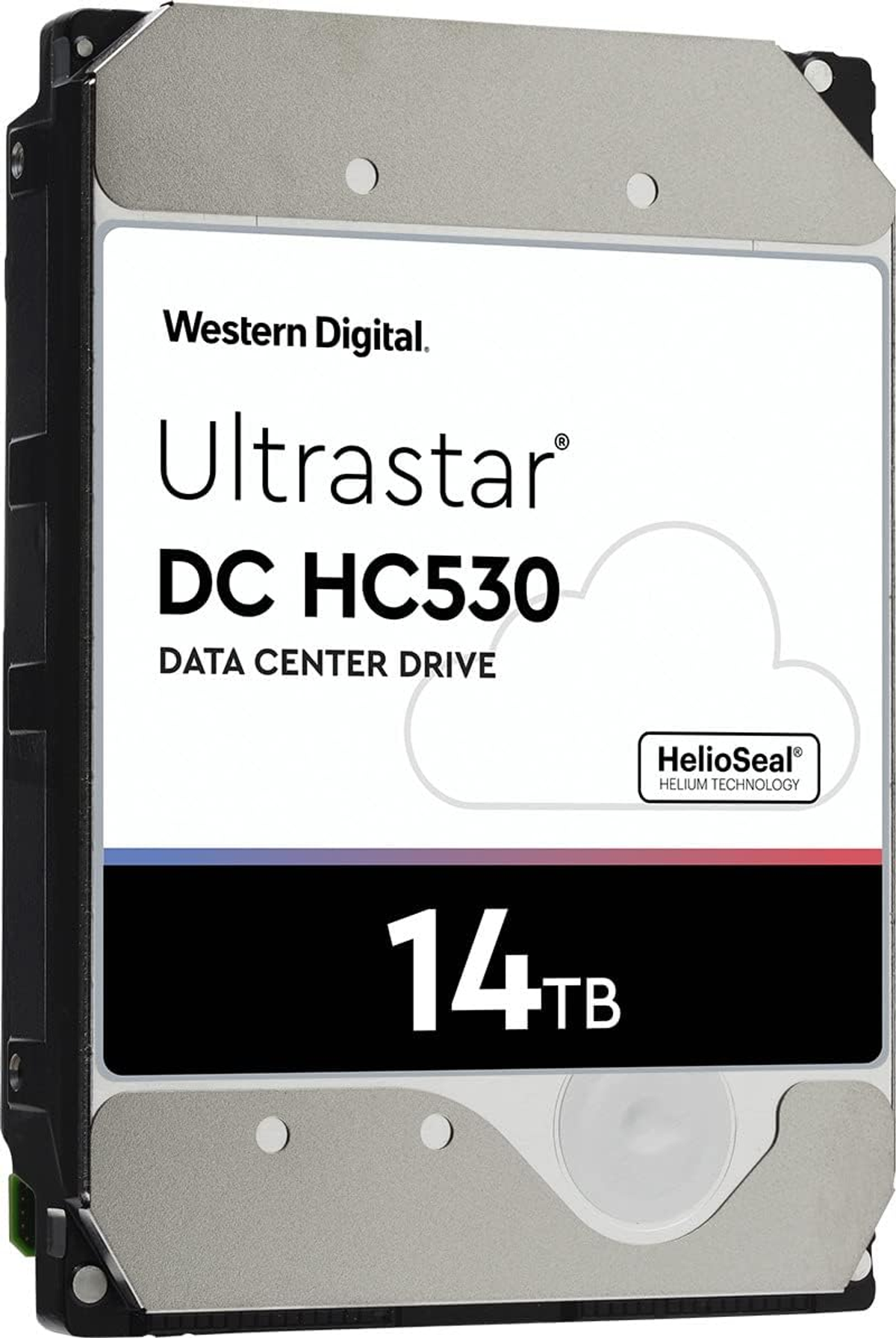 Un disco rigido Western Digital Ultrastar DC HC530, con capacità di 14 TB, su sfondo bianco.