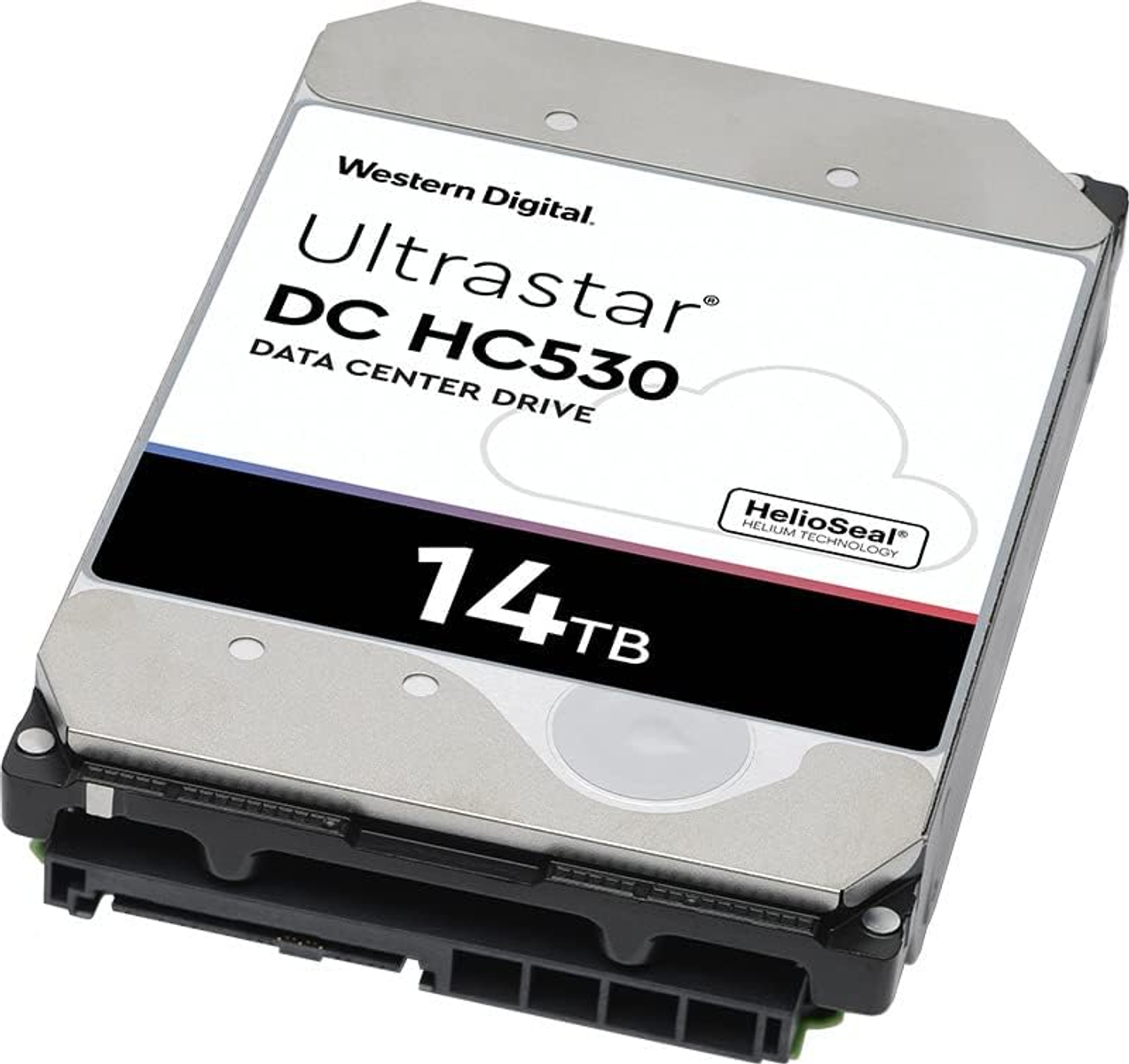 Hard disk etichettato Ultrastar DC HC530, 14TB, Western Digital. Unità data center.