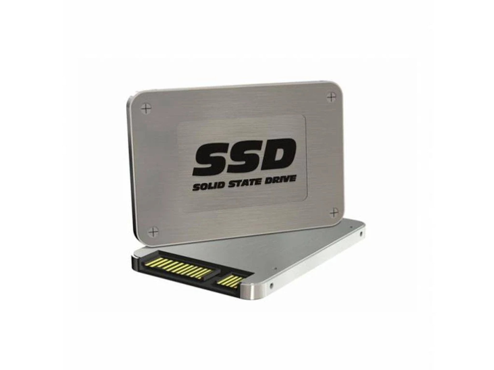 Due SSD (Solid State Drive) argentati impilati uno sopra l'altro, che mostrano le loro etichette.
