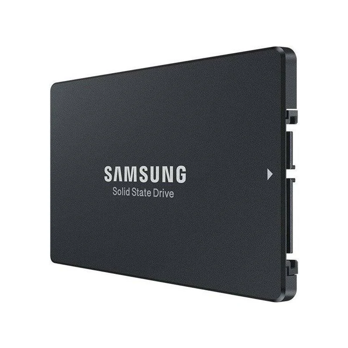 SSD Samsung nero. Forma rettangolare con testo 'SAMSUNG Solid State Drive'. Sfondo bianco.