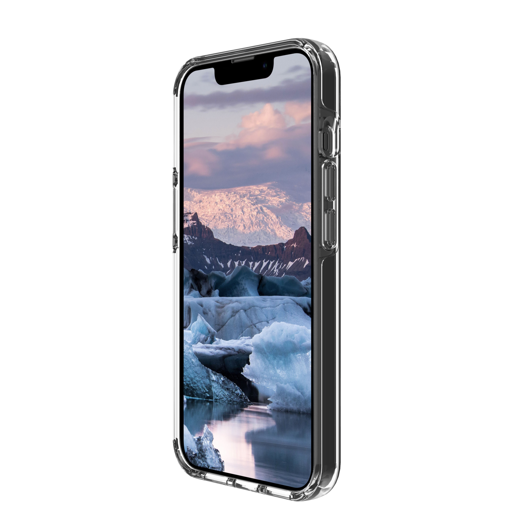 Un telefono in una custodia trasparente. Lo schermo mostra un paesaggio con montagne e ghiaccio.