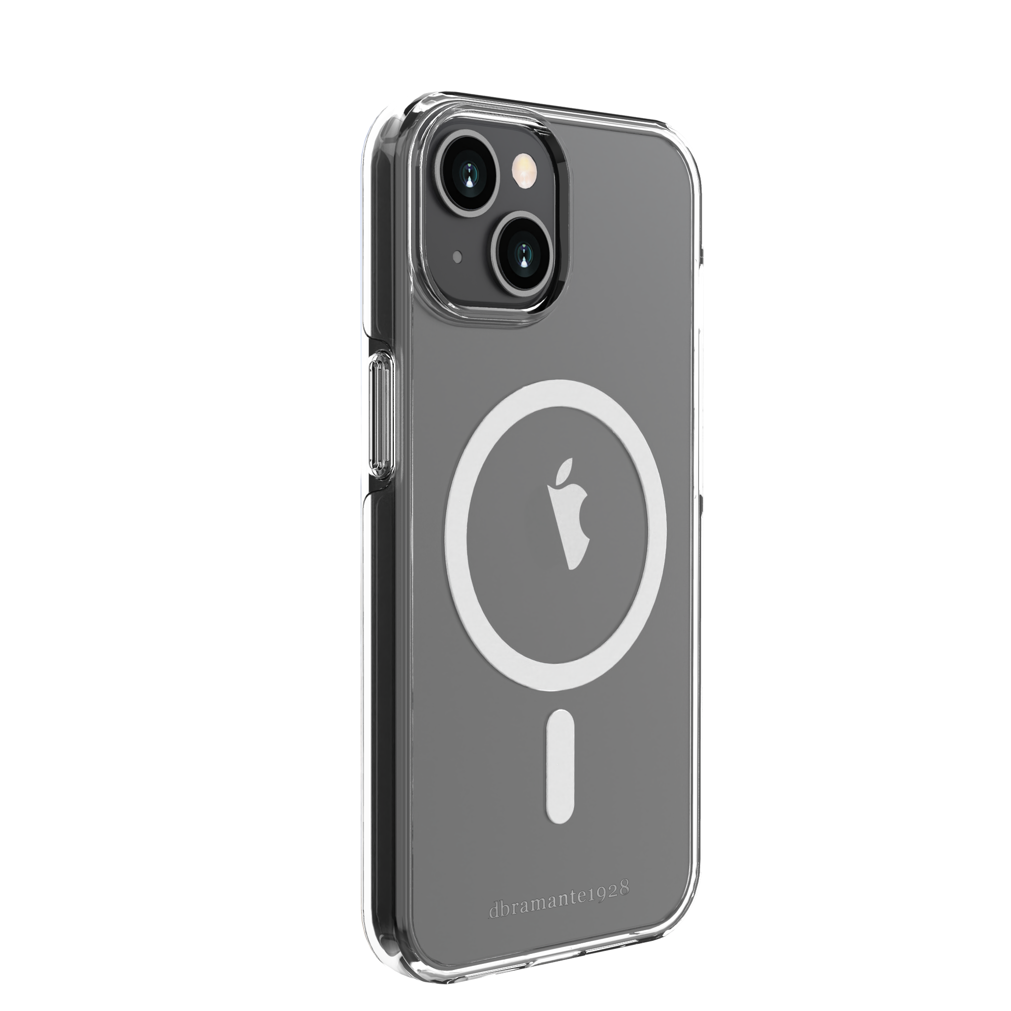 Una custodia trasparente per iPhone con un cerchio bianco e il logo Apple su sfondo nero.