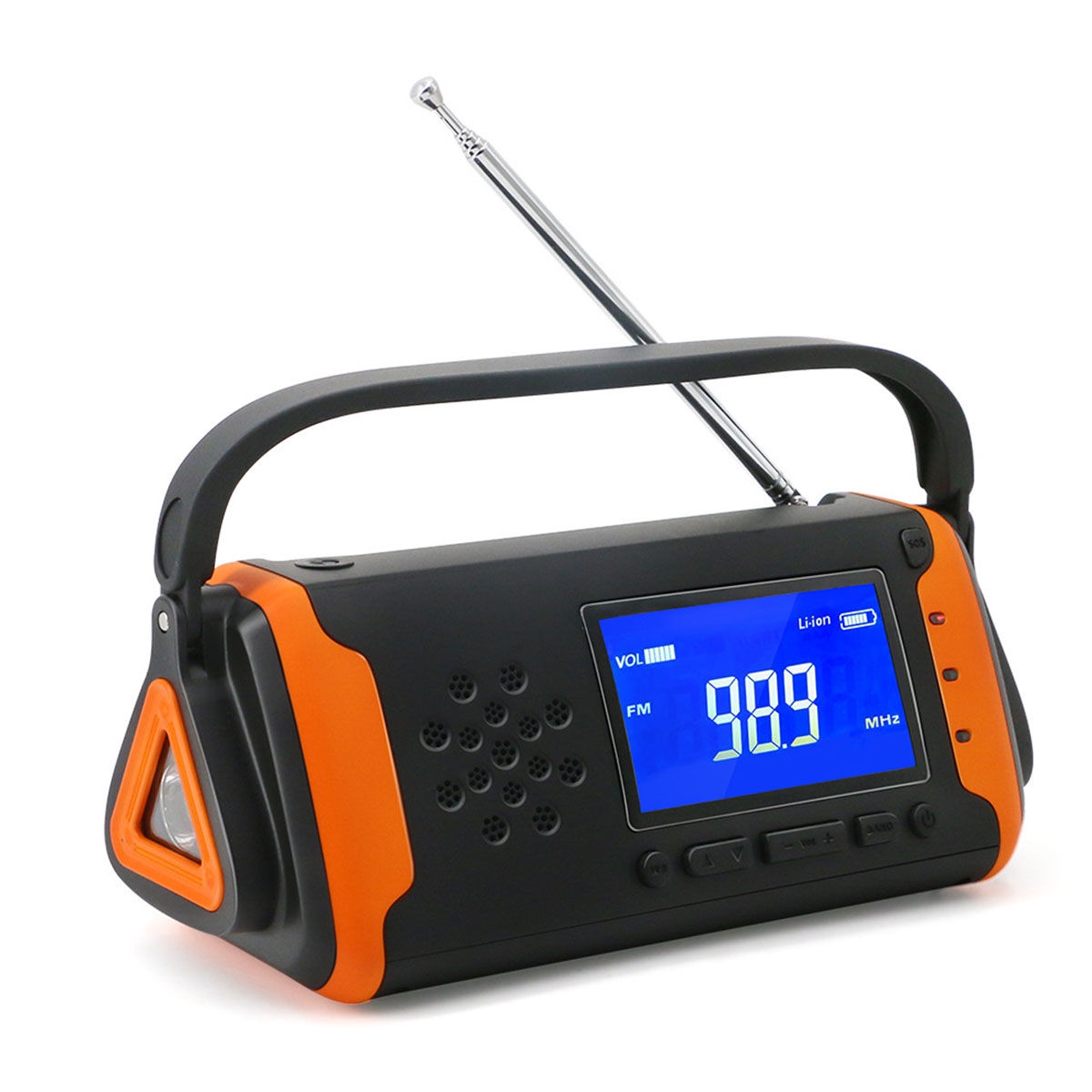 Ein orangefarbenes und schwarzes Radio mit Griff, Antenne und einem digitalen Bildschirm mit 98,9 MHz.