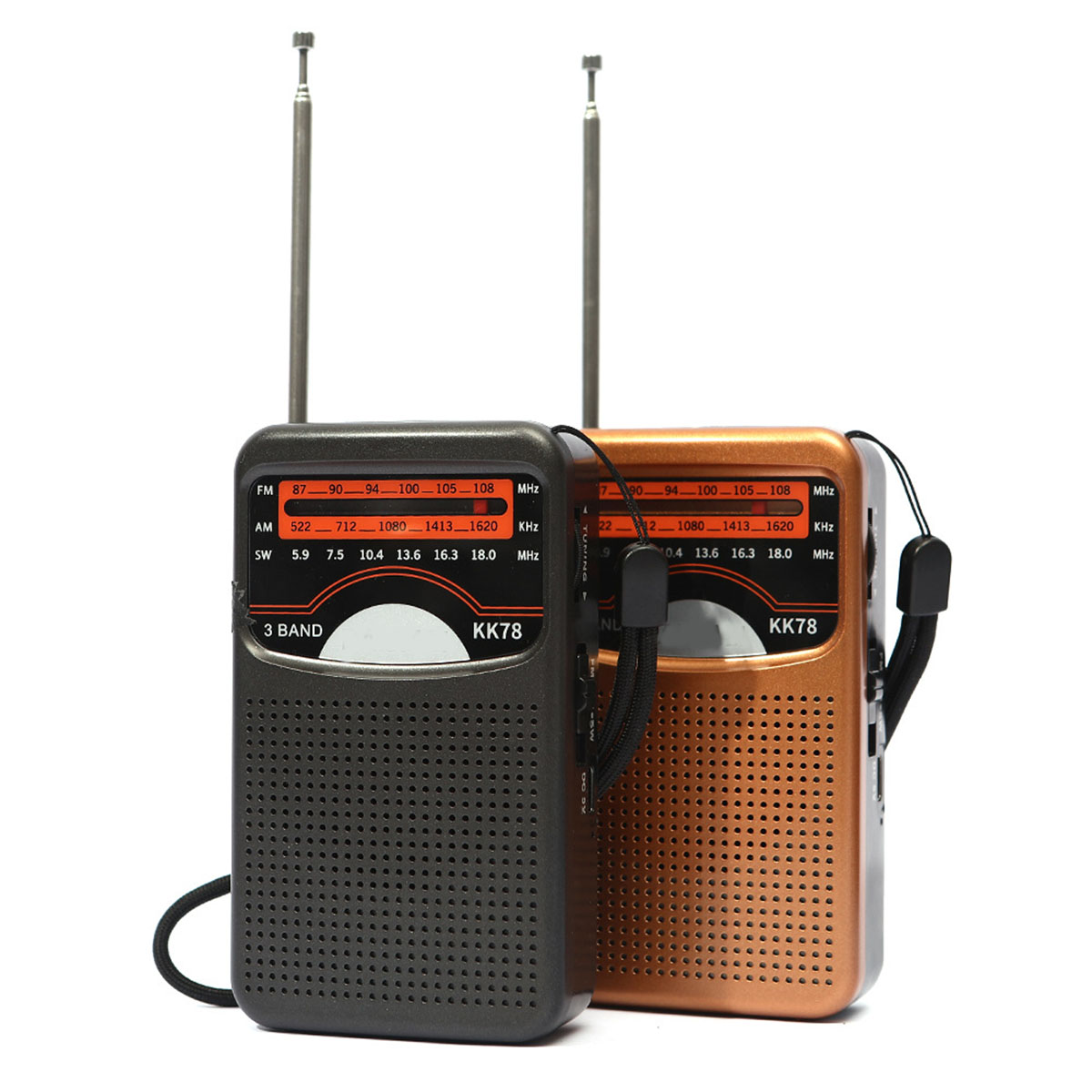 Zwei schwarze und kupferfarbene Radios mit Antennen. Sie haben einen schwarzen Riemen und Knöpfe.