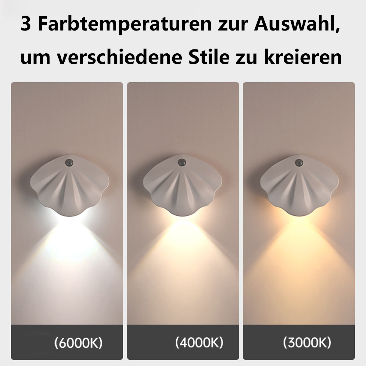 Drei weiße, muschelförmige Wandleuchten mit unterschiedlichen Farbtemperaturen. Weißer Hintergrund.
