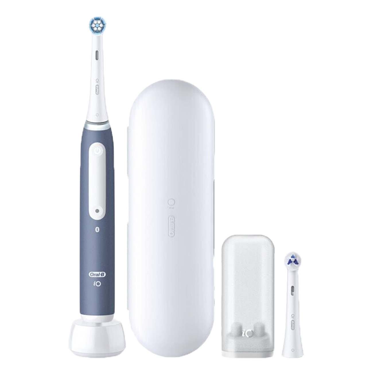 Elektryczna szczoteczka do zębów ze stojakiem, etui podróżnym i dwiema główkami. Szczoteczka jest niebieska.