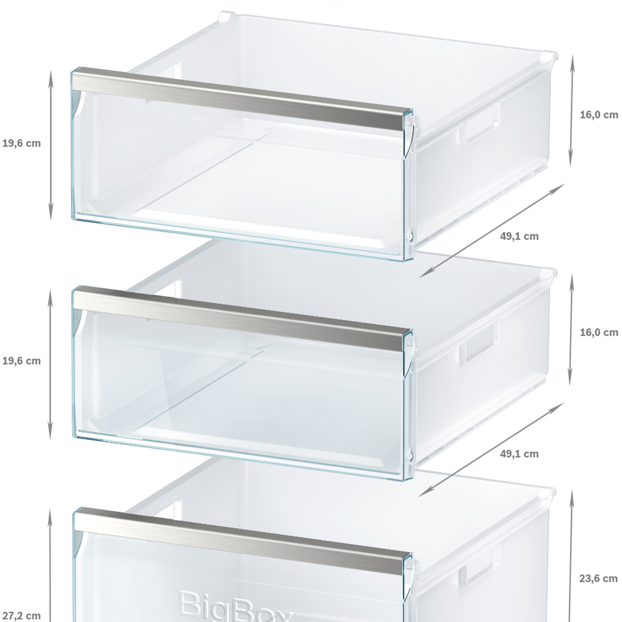 Drei transparente Schubladen mit silbernen Griffen, Maßangaben und weißem Hintergrund.