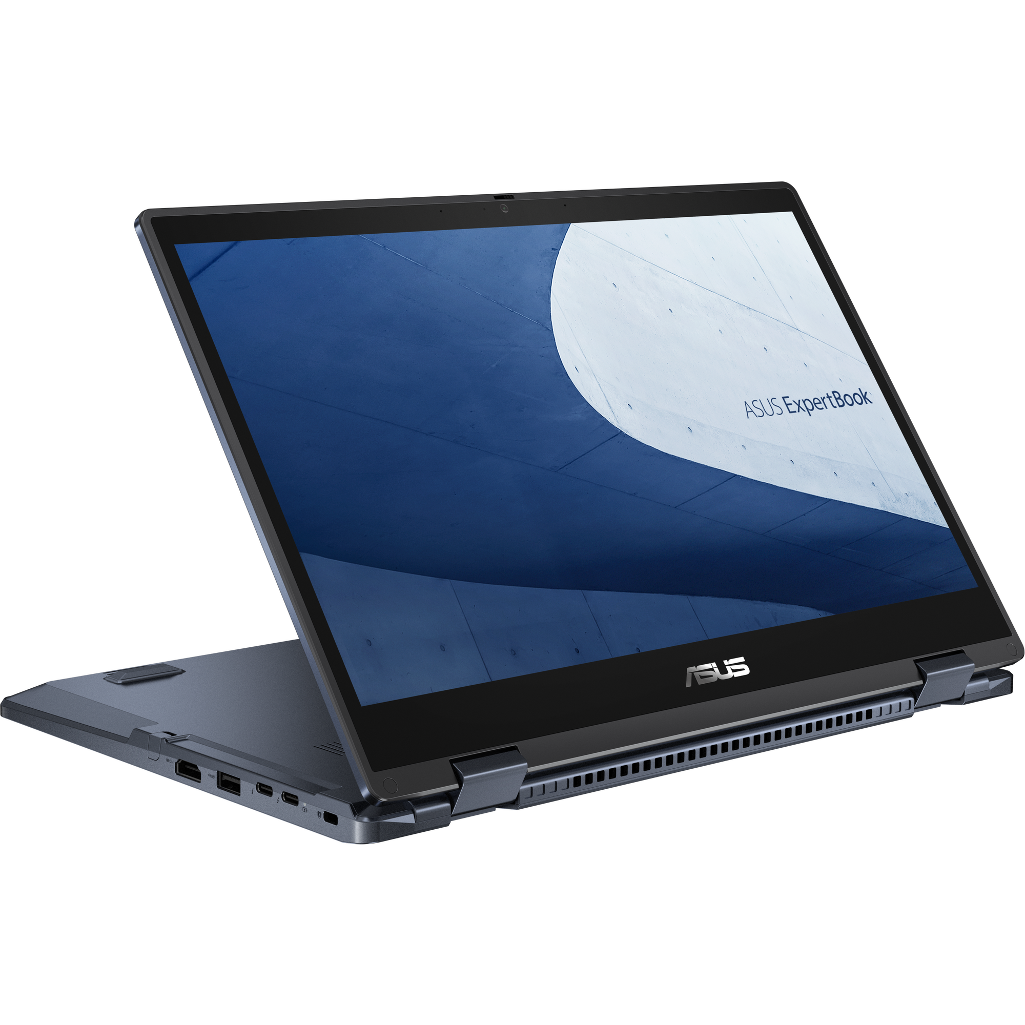 Un laptop blu scuro con schermo aperto su sfondo nero.