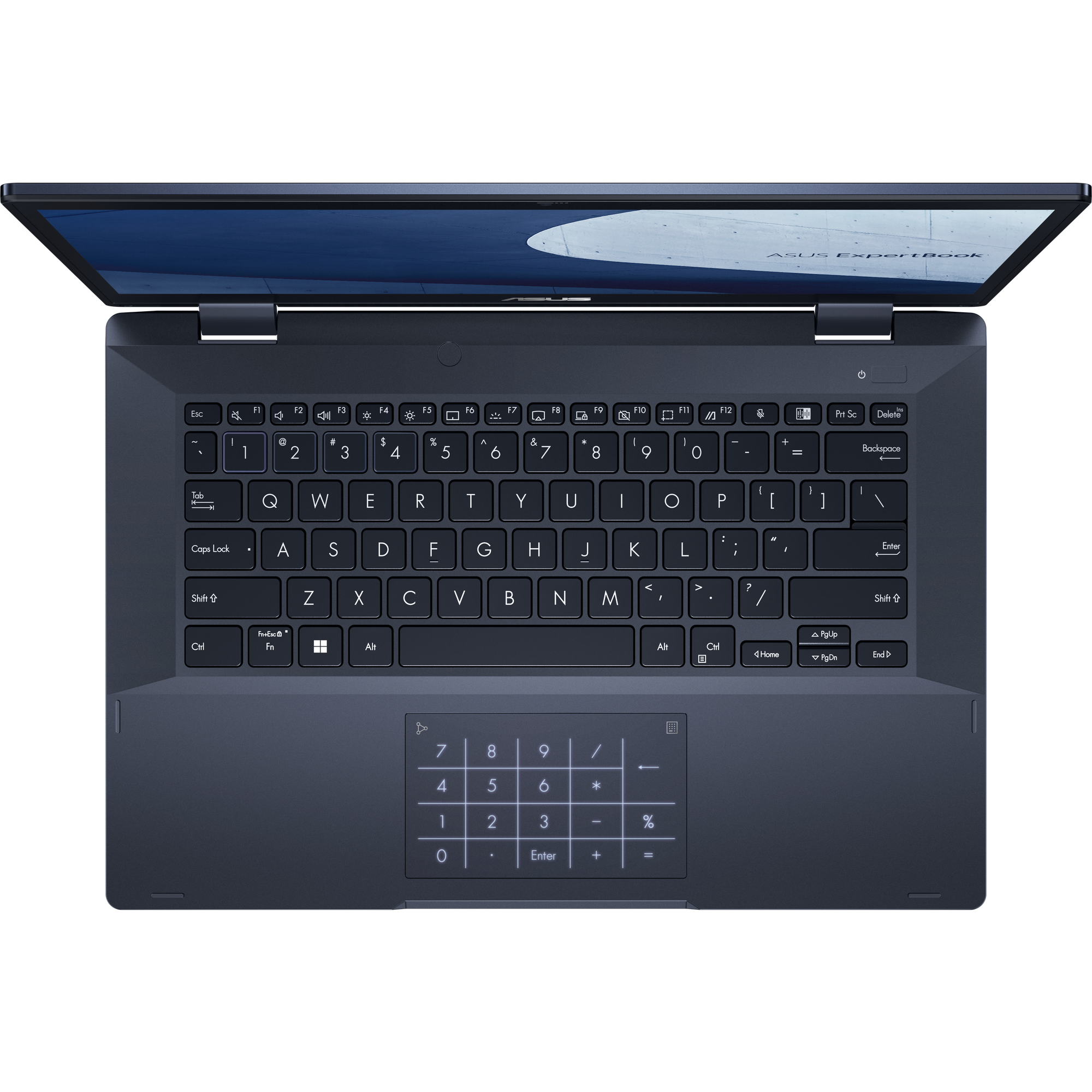 Un laptop con schermo aperto, tastiera e touchpad con tastierino numerico.