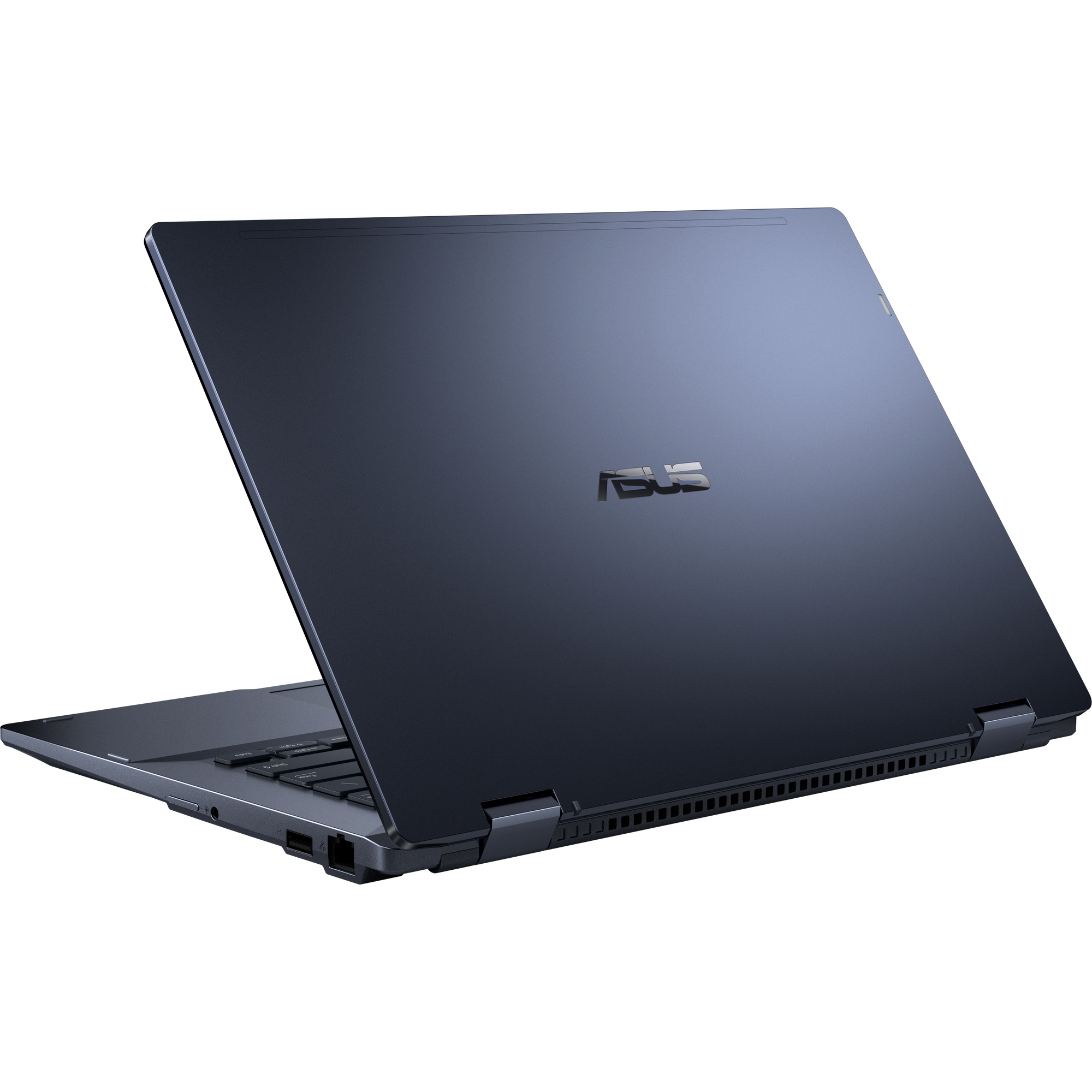 Un laptop grigio con il logo Asus sul retro. Il laptop è leggermente aperto e angolato.