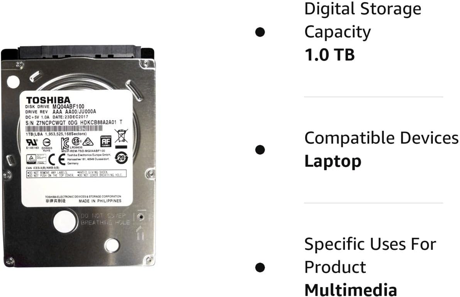 Dysk twardy Toshiba 1,0 TB, z etykietą, ze specyfikacjami na białym tle.