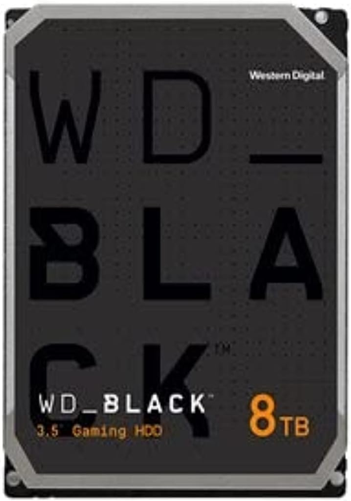 Schwarze WD-BLACK 8TB Gaming-HDD, große schwarze Buchstaben auf schwarzer Oberfläche.
