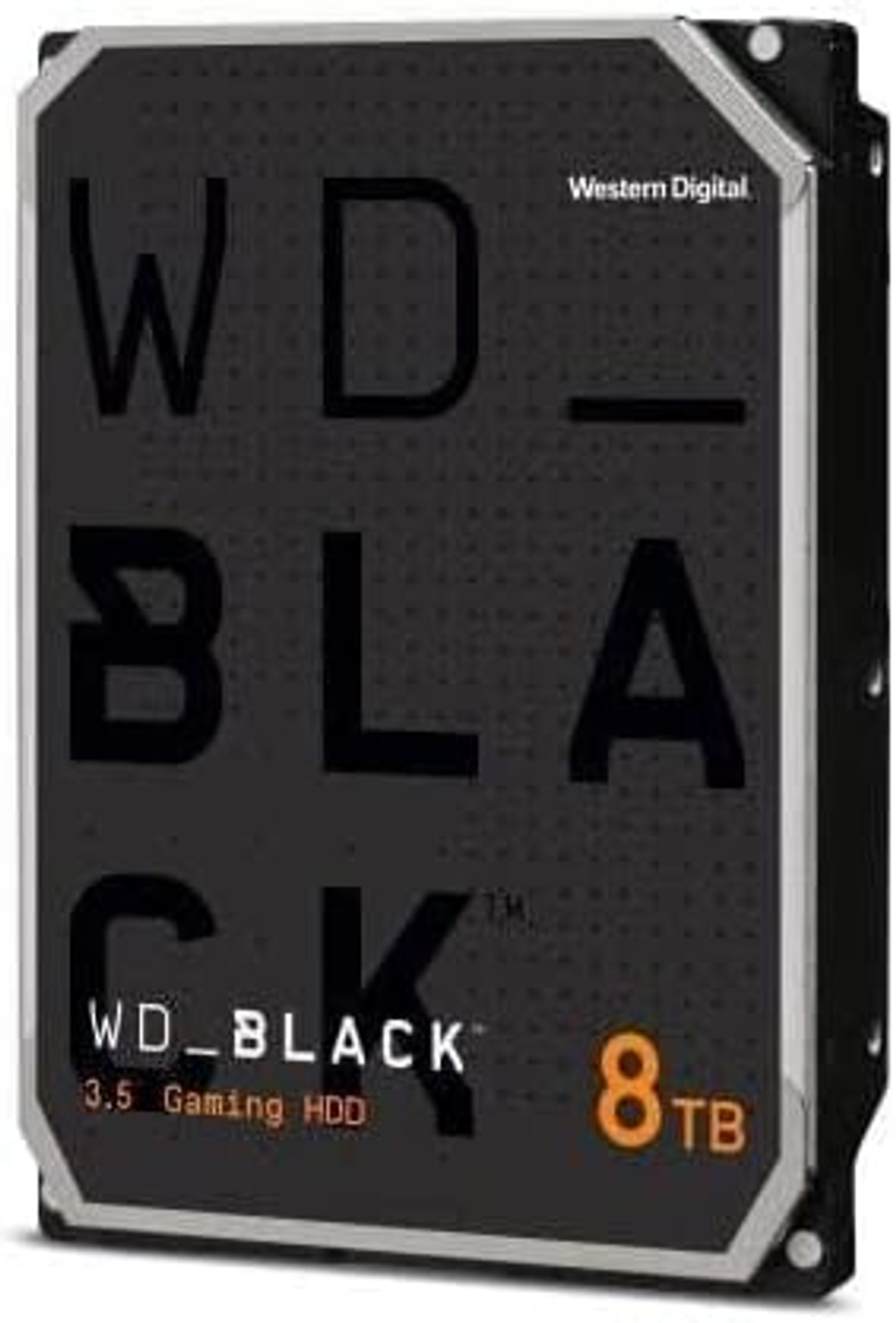 Schwarze WD_BLACK 8TB Gaming-Festplatte auf weißem Hintergrund.