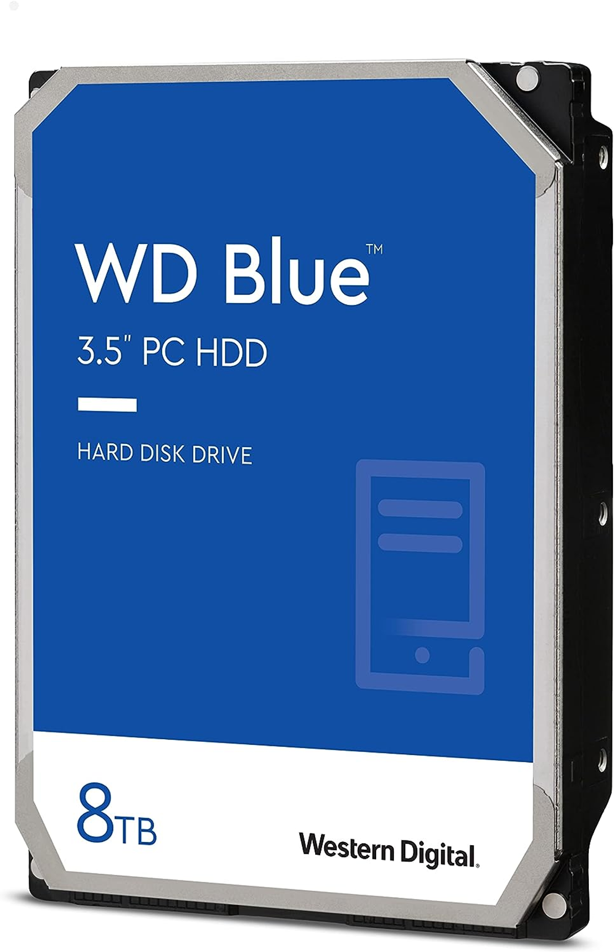 Dysk twardy WD Blue 3,5" PC HDD z etykietą pokazującą markę, typ napędu i pojemność 8 TB.