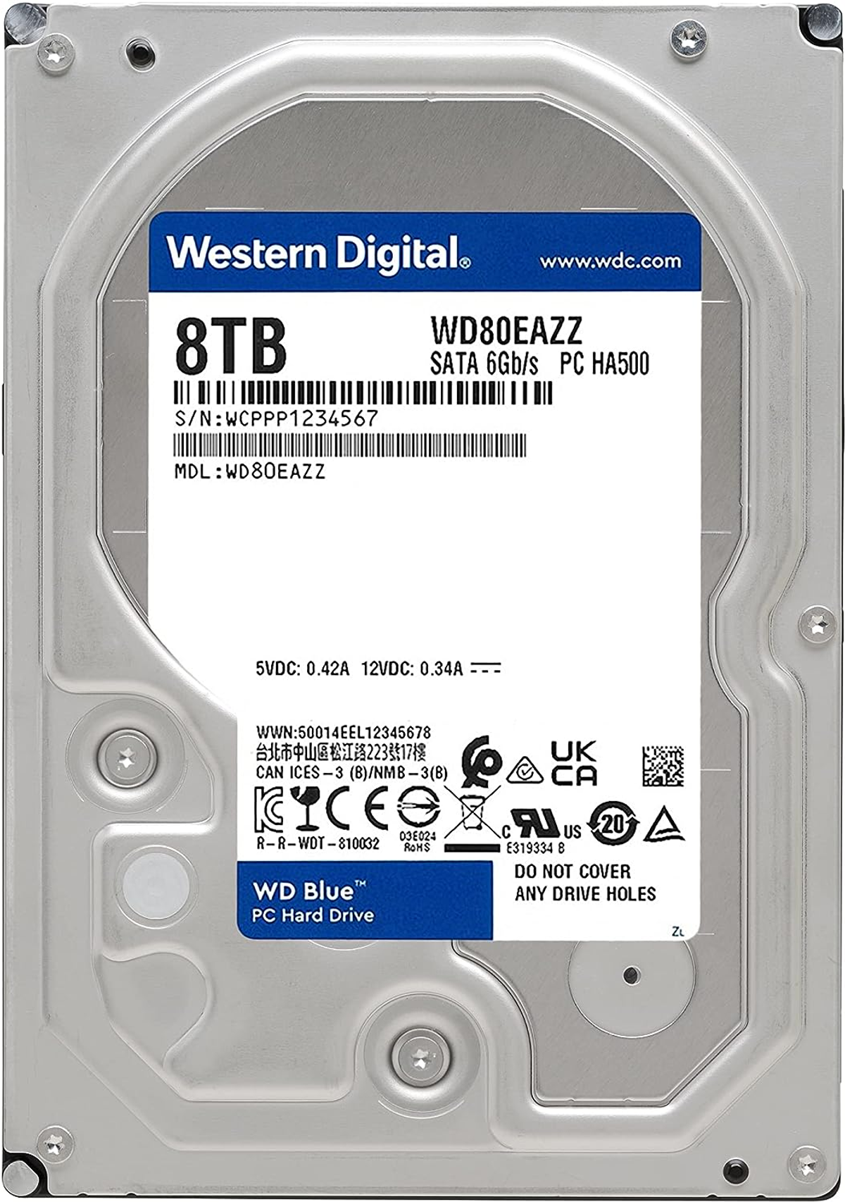 Srebrny i niebieski dysk twardy Western Digital 8TB. Etykieta pokazuje model, pojemność i numer seryjny.