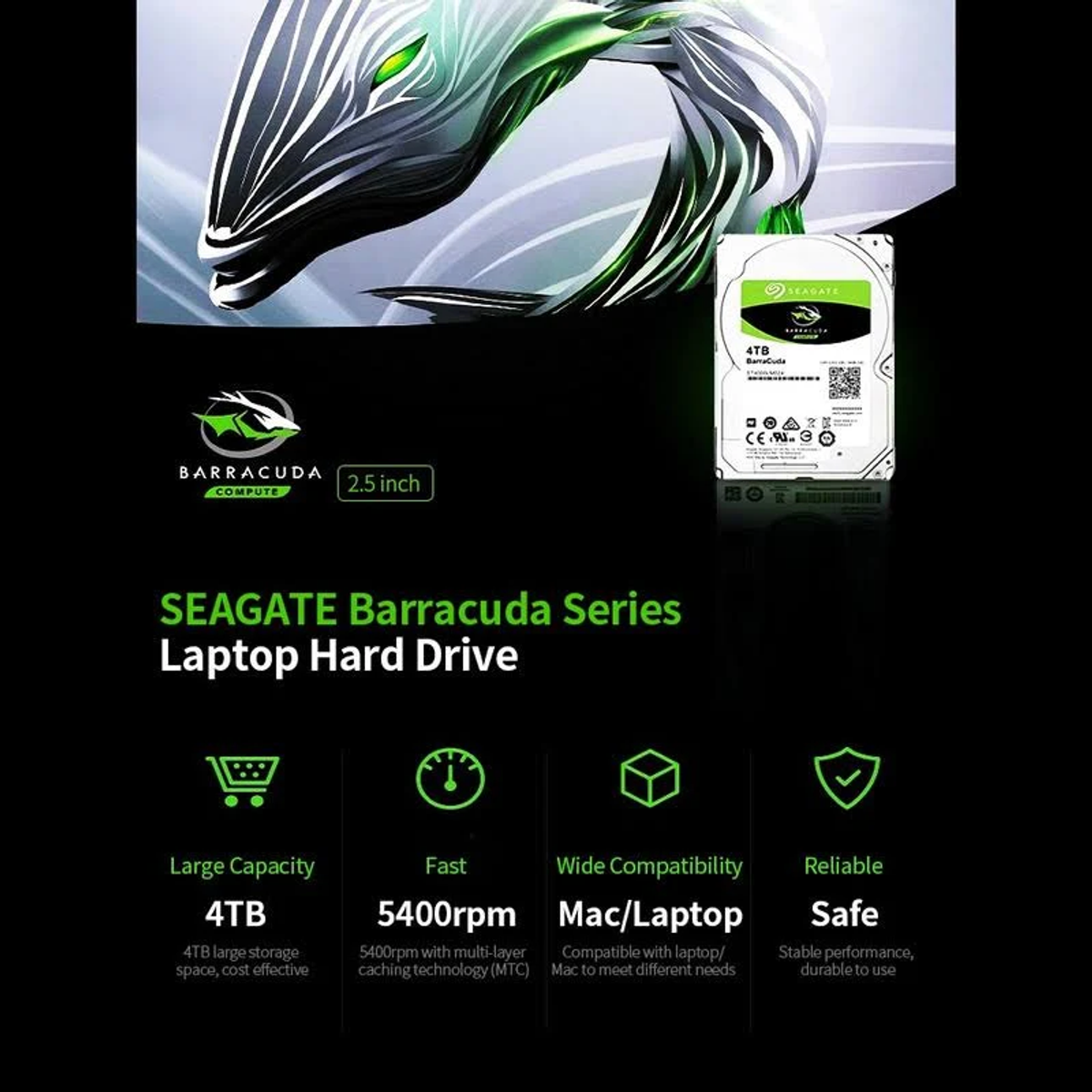 Dysk twardy do laptopa Seagate Barracuda, ze specyfikacjami: 4TB, 5400 obr./min, kompatybilny z Mac/Laptop, bezpieczny.