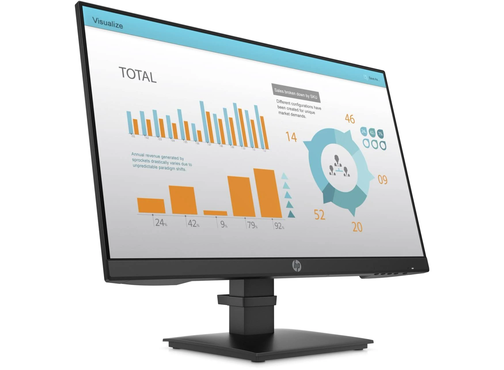 A black HP monitor displays charts and graphs. The monitor is on a black stand, and the background is white.
