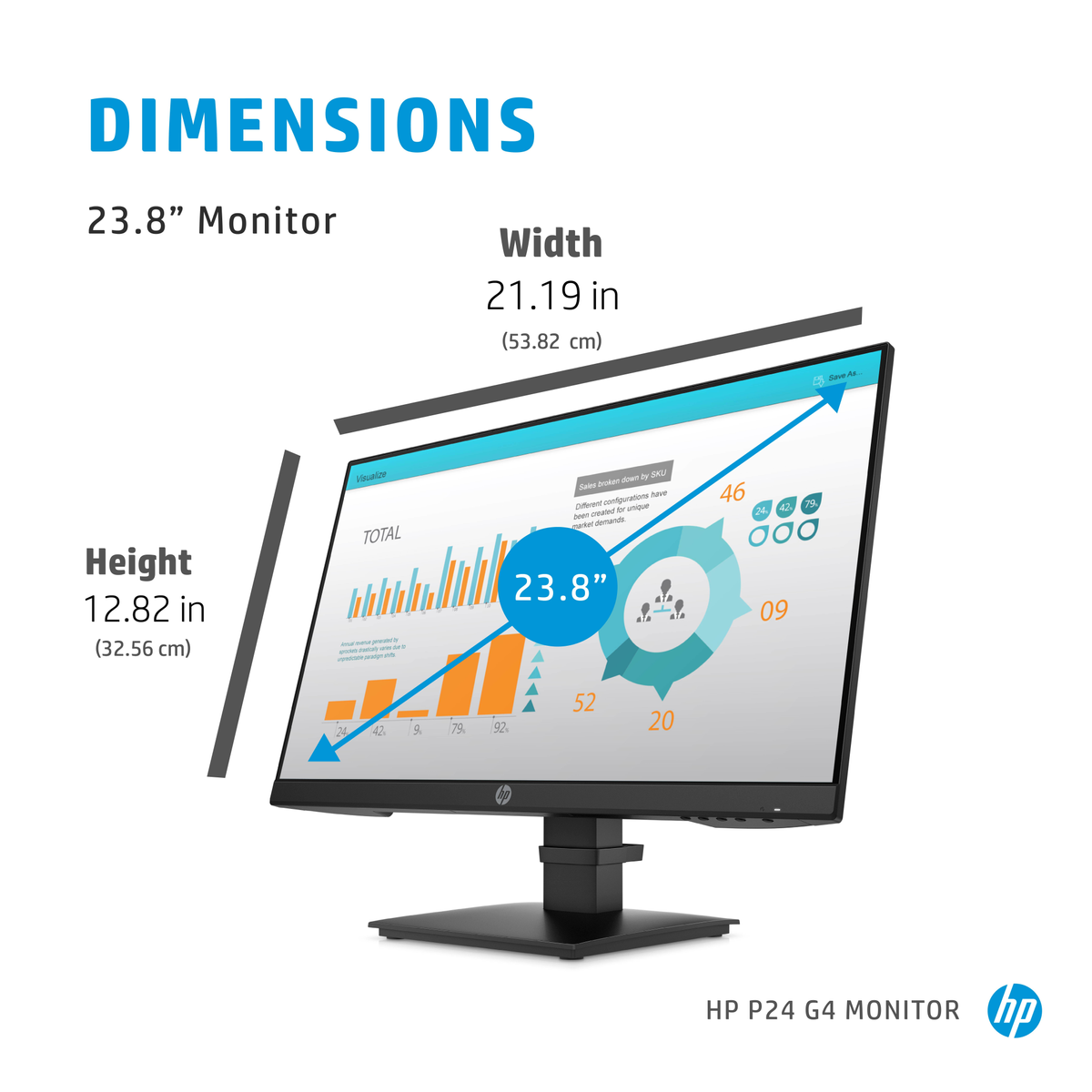 A black computer monitor with dimensions. It displays a graph with the HP logo on a white background.