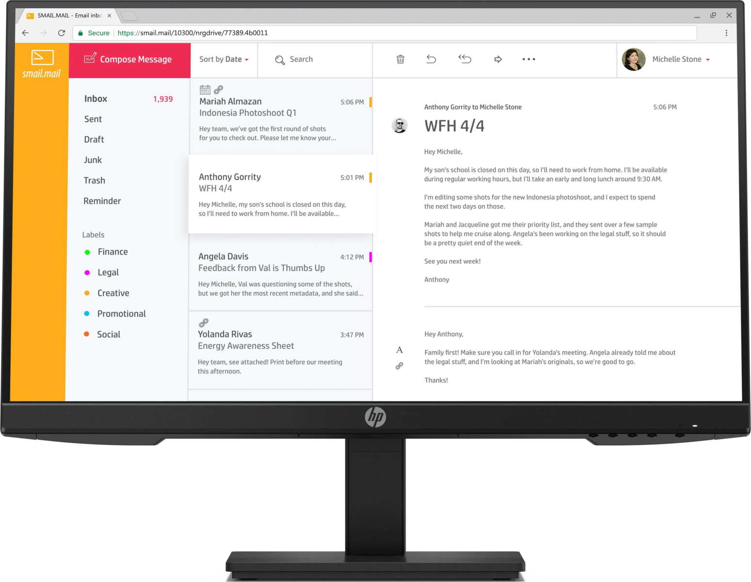 Computer monitor displaying an email inbox with emails, black screen, and a black stand.