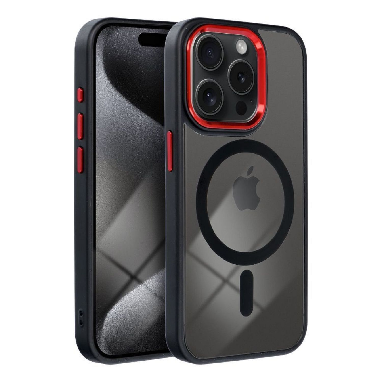 Schwarze Handyhülle mit roten Akzenten, schwarzem Kameraring und Apple-Logo. Schwarzer Hintergrund.