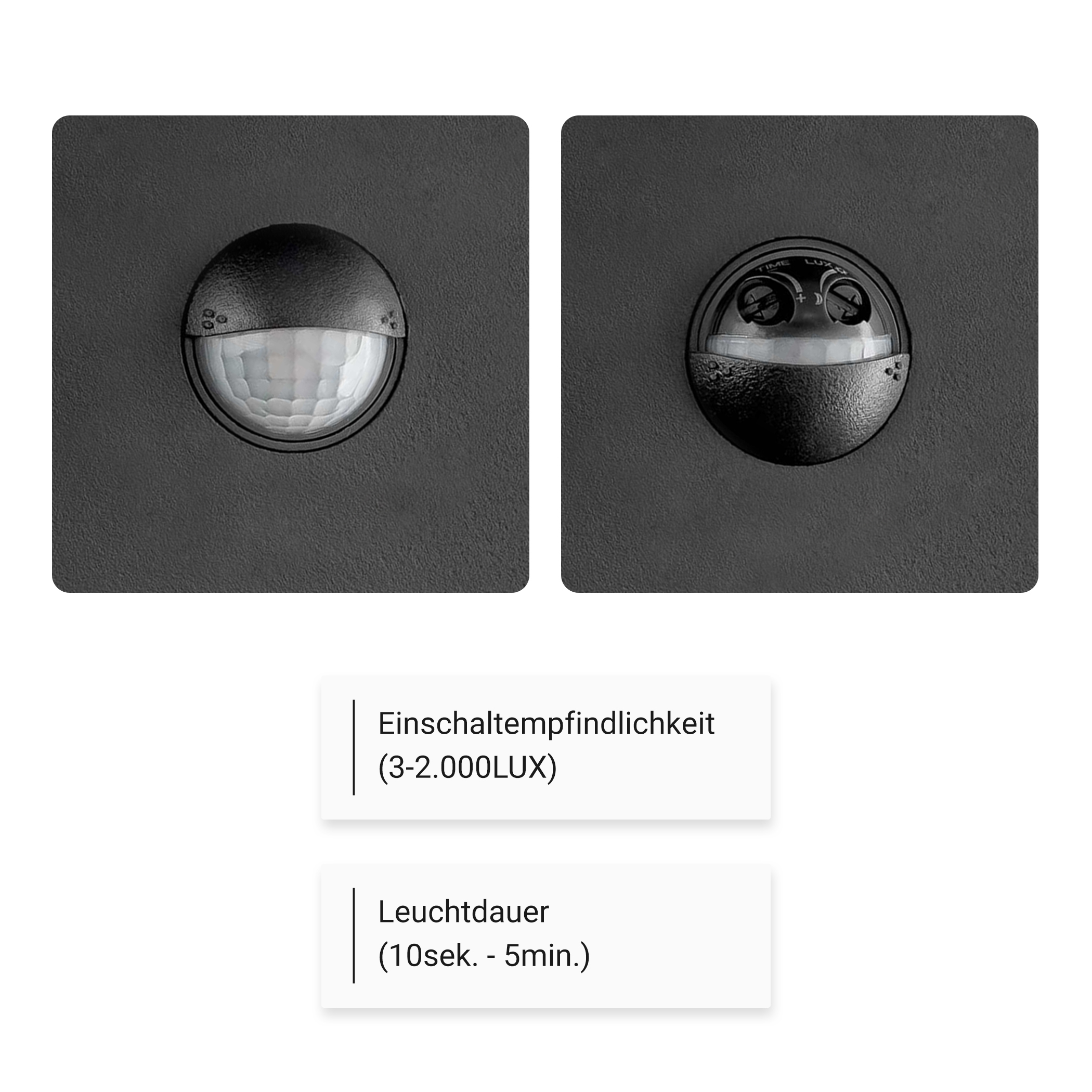 Zwei schwarze, runde Sensoren mit Text, der die Lichtempfindlichkeit und die Dauereinstellungen anzeigt, an einer grauen Wand.