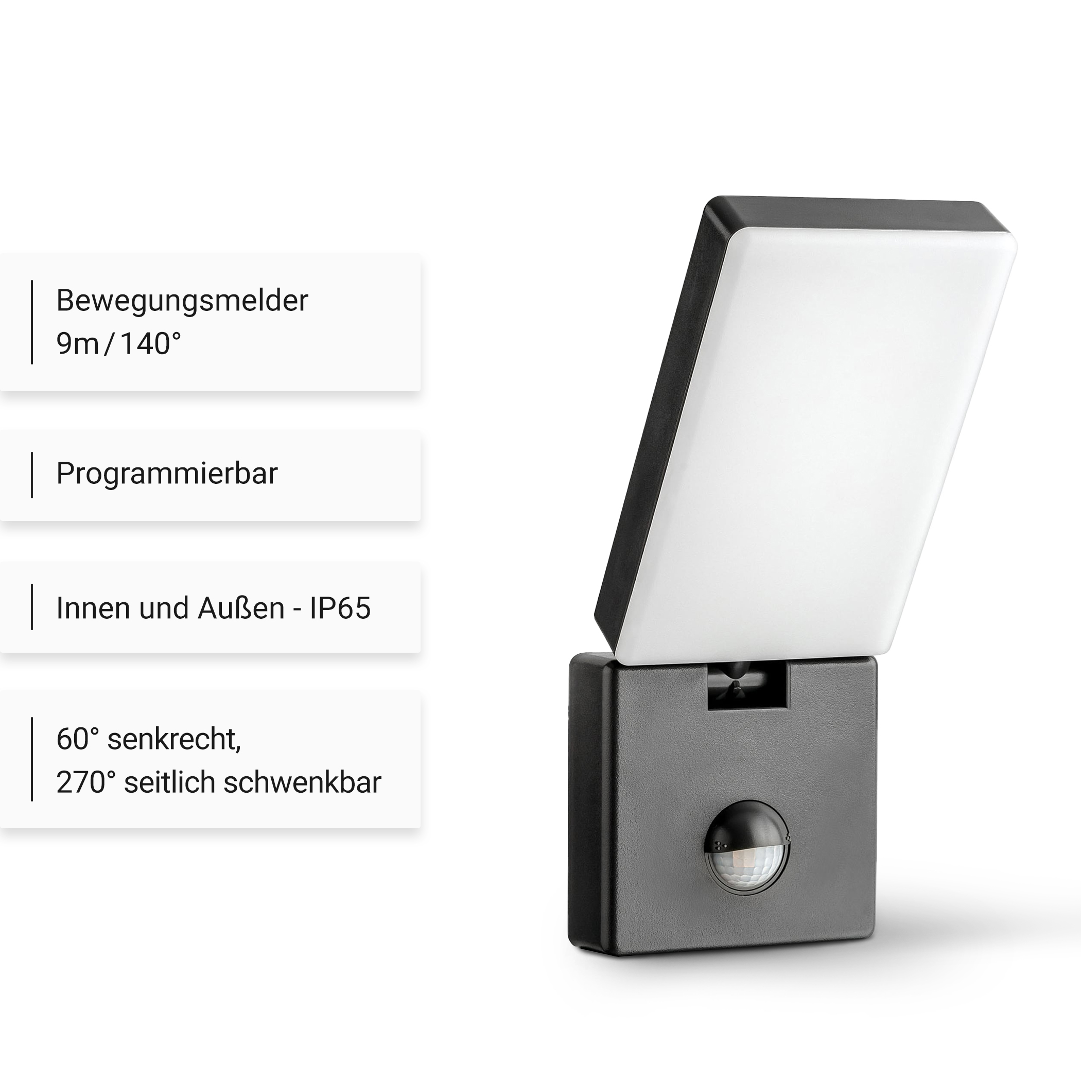 Schwarz-weiß Außenleuchte mit Textfeldern zu Funktionen auf weißem Hintergrund.