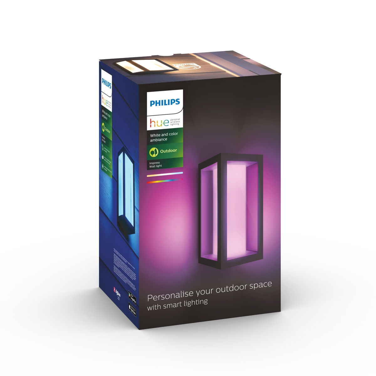 Une boîte lumineuse extérieure Philips Hue, noire et blanche, avec des lumières roses et bleues.