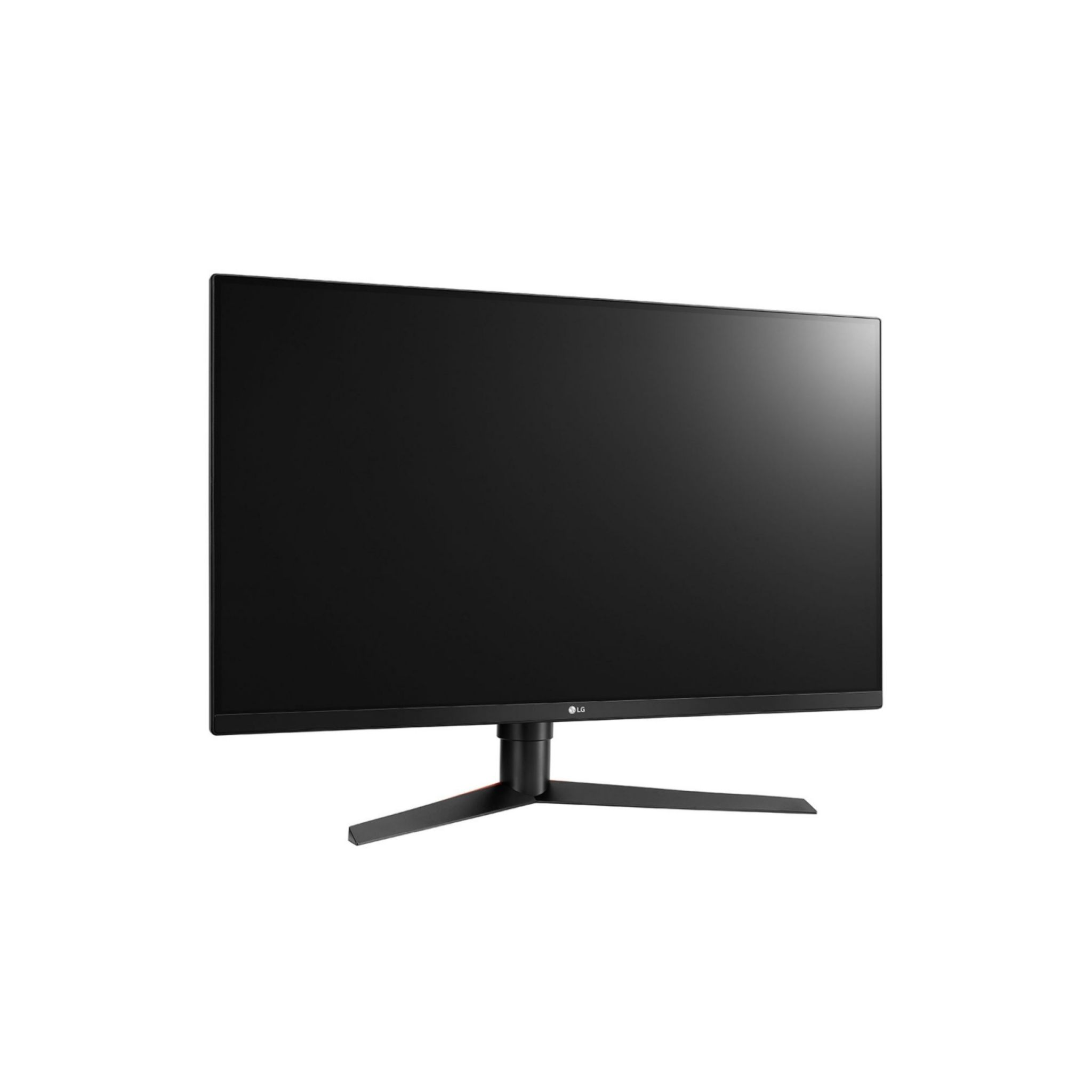 Un monitor de computadora LG negro sobre un soporte negro, contra un fondo blanco.