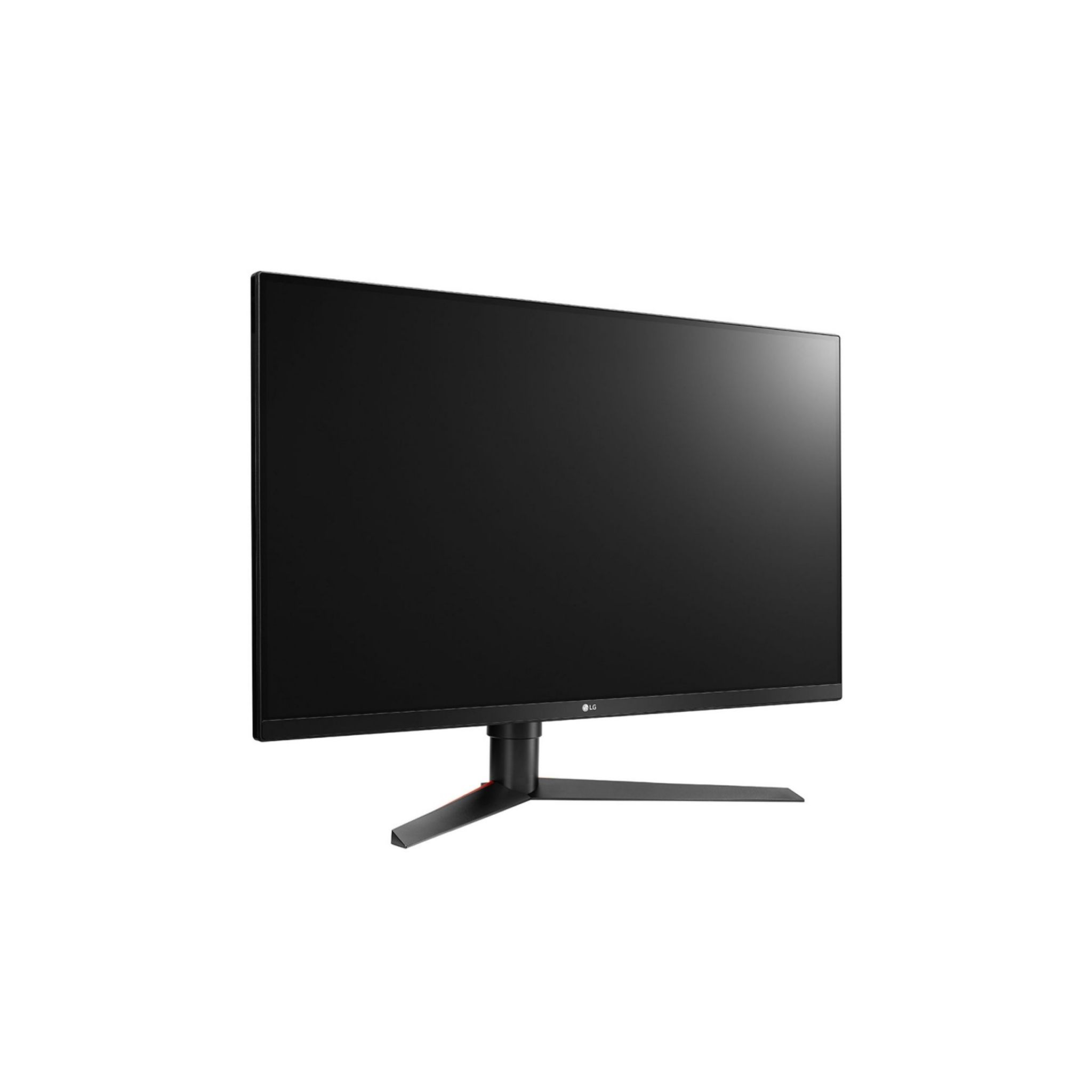 Monitor per computer nero con supporto nero, isolato su sfondo bianco.