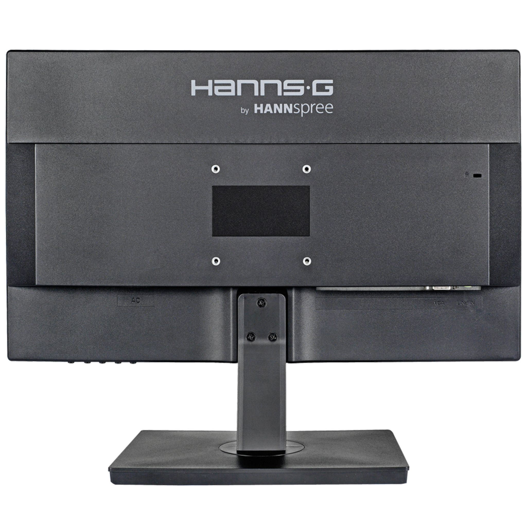 Retro di un monitor nero con logo HANNS-G e varie porte di ingresso e un supporto.