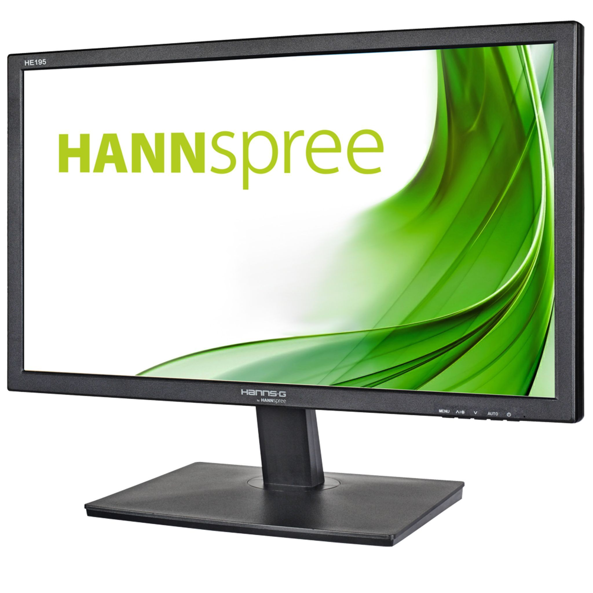 Un monitor Hannspree nero con un design astratto verde sullo schermo e il logo Hannspree.