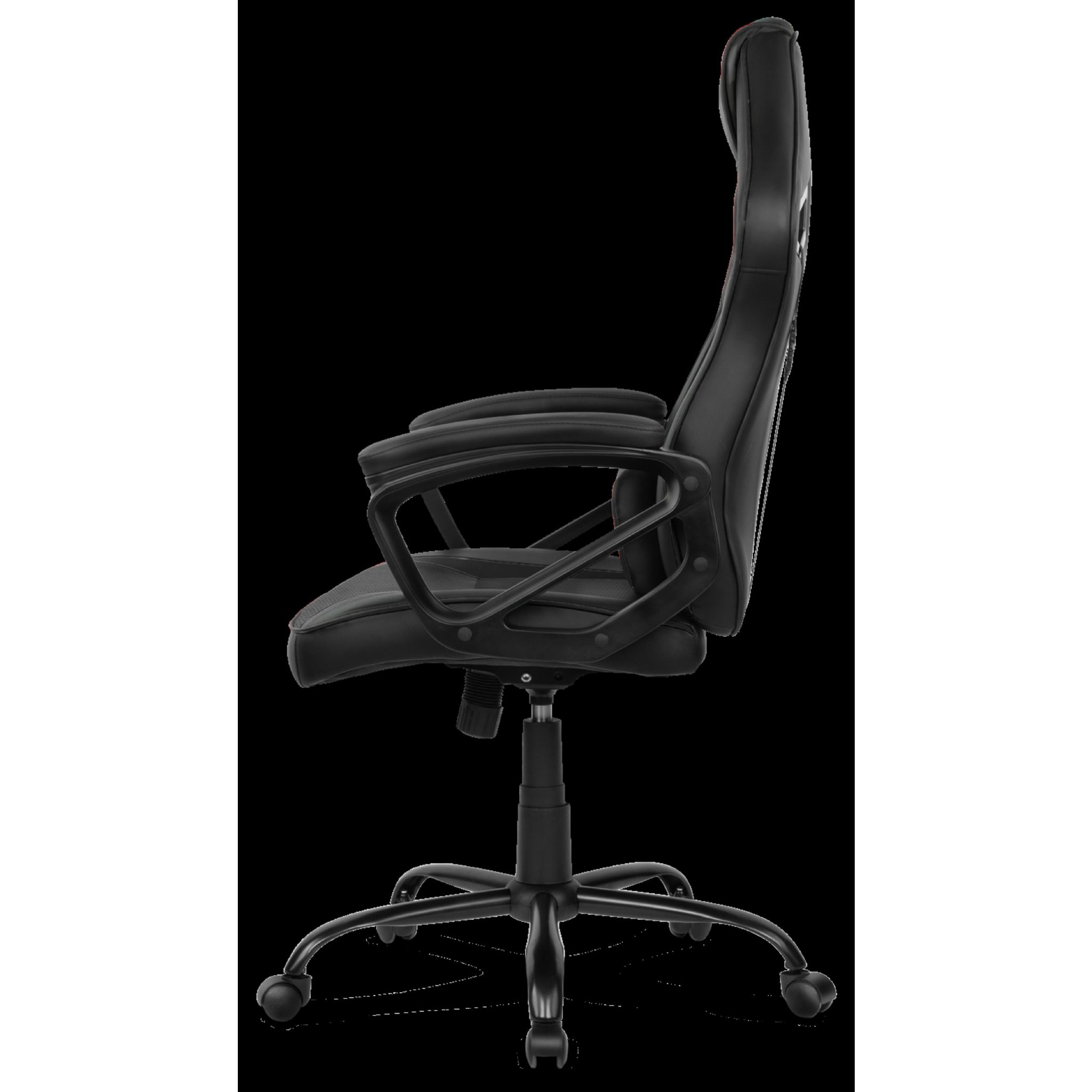 Una silla de juego negra, vista lateral, con múltiples ajustes y un fondo negro.