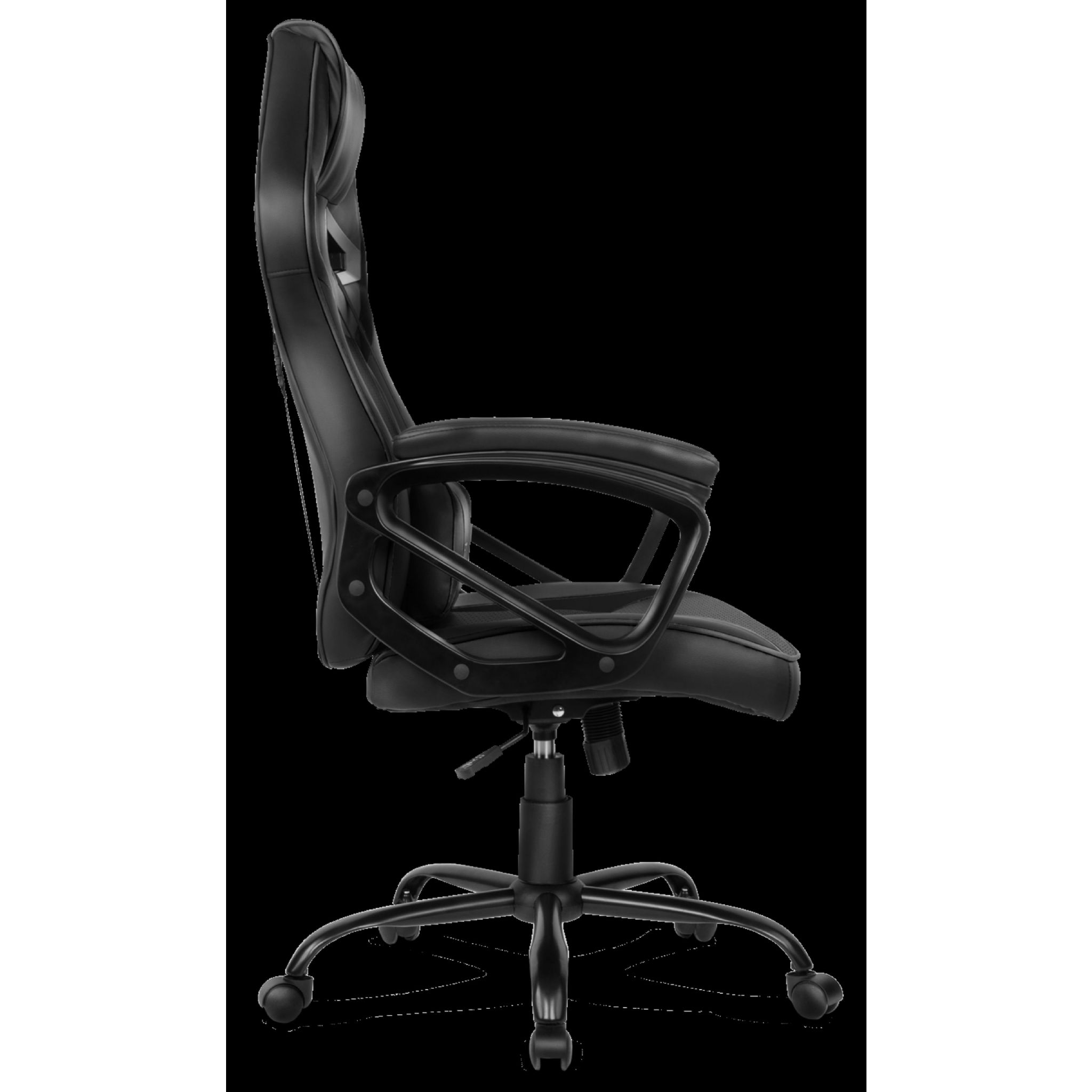 Silla gaming negra con reposacabezas, apoyabrazos y base de cinco ruedas, vista lateral.