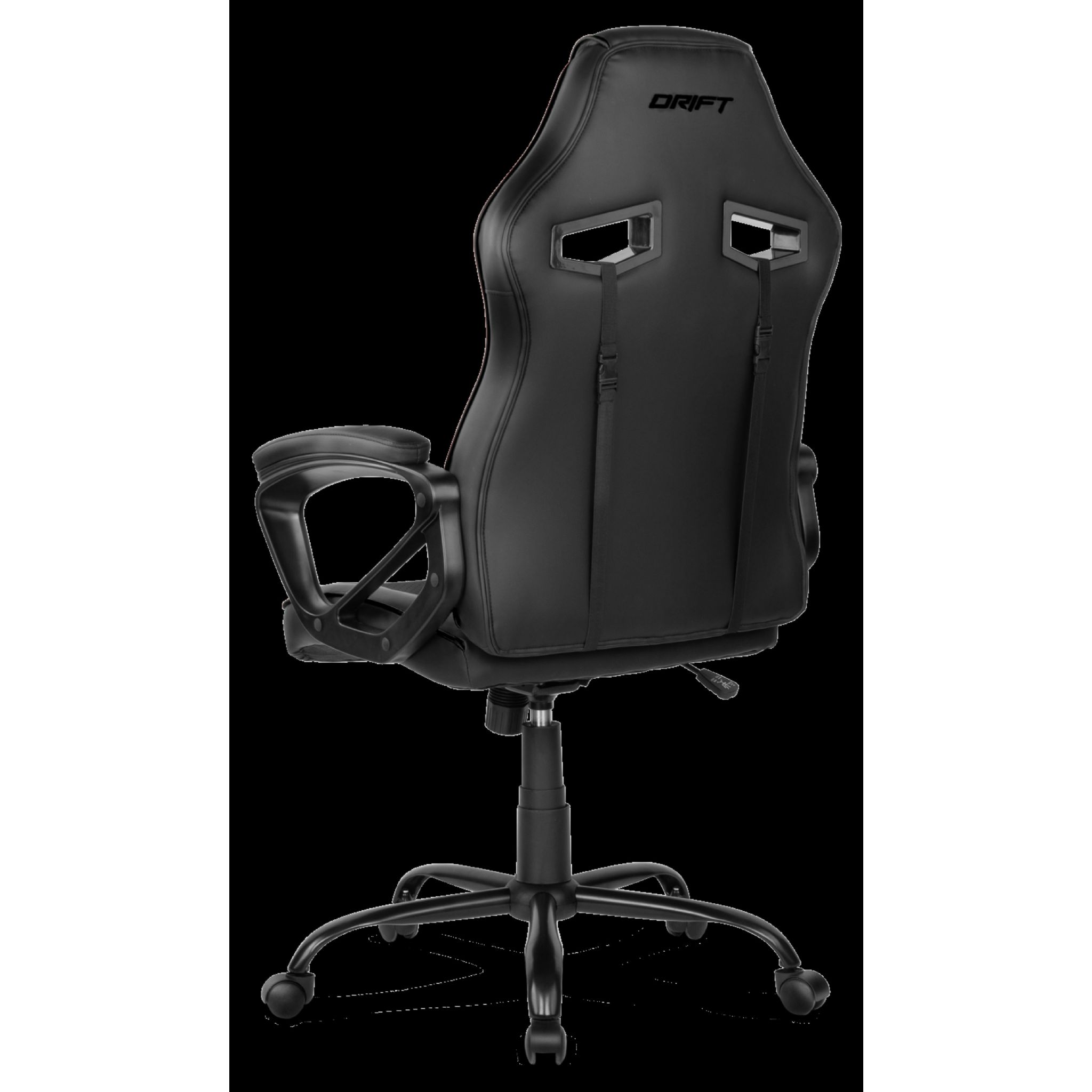 Una silla de juego negra, con la espalda hacia el espectador, con la palabra DRIFT en la parte superior.
