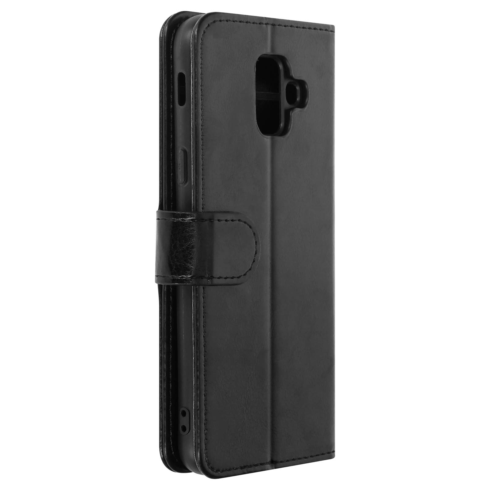 Custodia per telefono nera con chiusura magnetica e funzione stand, chiusa.
